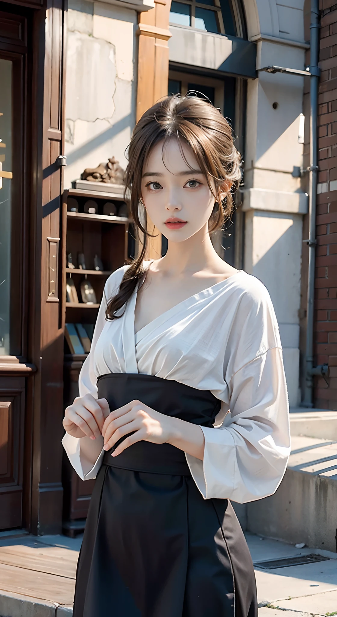 best quality ,masterpiece,ultra high res, very beautiful, kawaii, (photo realistic:1.4), 1girl, Japanese, brown hair, cleavage, Cinematic, 35mm lens, f/ 1. 8, nun cassock clothing, priest, Church