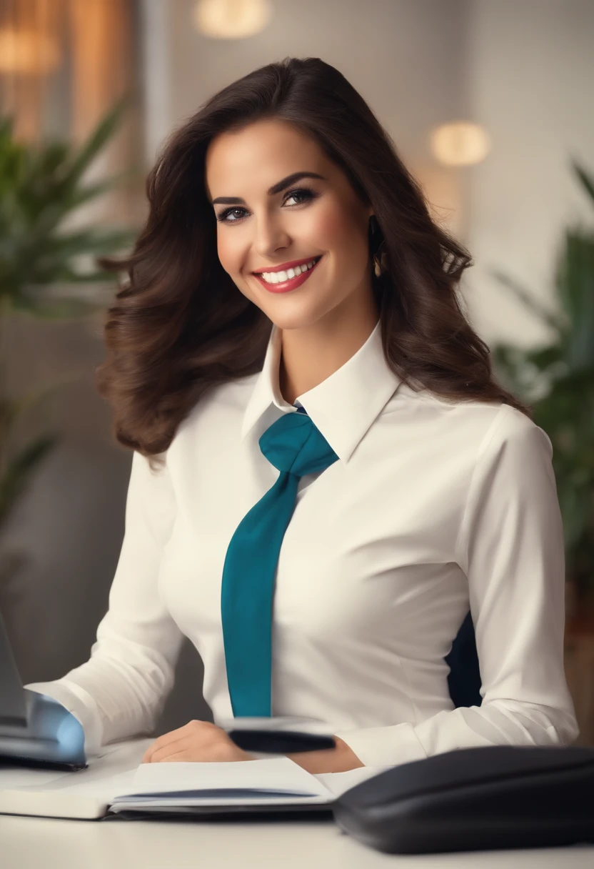 Young Secretary, brune cheveux longs, professionnel, sourire, chemisier blanc, ordinateur