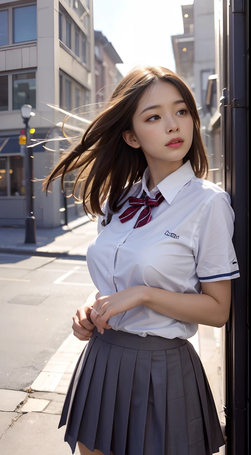 of the highest quality, masutepiece, High Definition, 16k image, Beautiful High School Girl, Medium bob hair, Beautiful light brown hair, beautiful light brown eyes, (Plump big), High School Uniform, Pinched by the waist, White blouse with short sleeves, Pleated skirt , In a corner of the city at dusk, High school girl standing in the contrast between the light of the lamp and the glow of the setting sun. Uniform sleeves flutter in the wind, And their countenances radiate satisfaction. Passers-by move around them, And the noise in the city is Xu々It will fade into. Emphasize this tranquility and beauty in the hustle and bustle of the city.,
