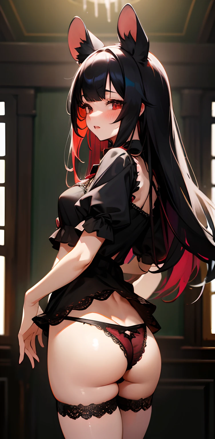 absurd, high resolution, animal ears, black hair, red eyes, blush, medium breasts, extra ears, panties with lace trim, lace trim, long hair, mouse ears, catgirl, multicolored hair, navel, no pants, parted lips, peek at pubic hair, through clothes, underwear, white hair, spectator from behind, focus on ass