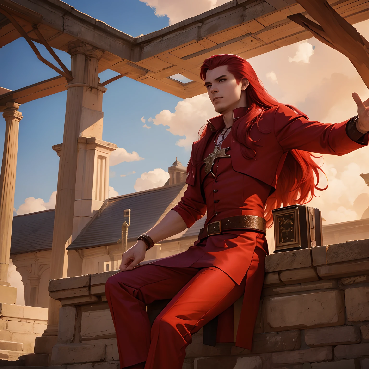 Young guy, archer, long red hair, funny, fantasy