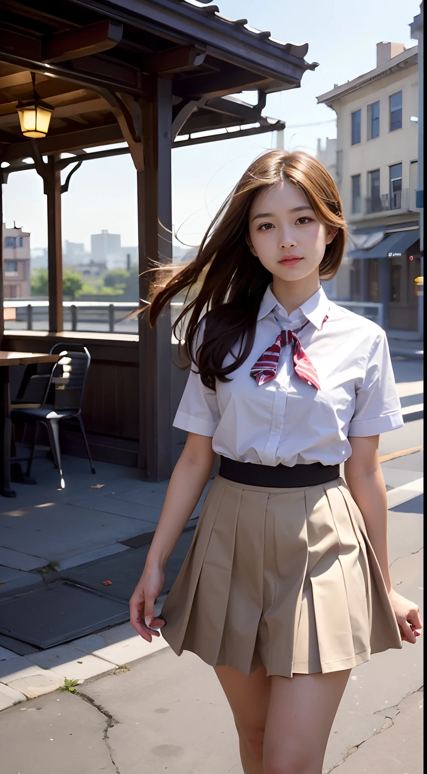 Top Quality, Masterpiece, High Definition, 16k image, beautiful high school girl, medium bobbed hair, beautiful light brown hair, beautiful light brown eyes, (plump big tits), high school uniform, nipped in waist, short sleeved white blouse, pleated skirt , At a city’s corner during twilight, high school girls stand bathed in the contrast between lamplight and the setting sun’s glow. Their uniform sleeves flutter gently in the wind, and their expressions radiate contentment. Passersby move around them, and the city’s noises gradually fade. Highlight this tranquility and beauty amidst the urban hustle and bustle.,