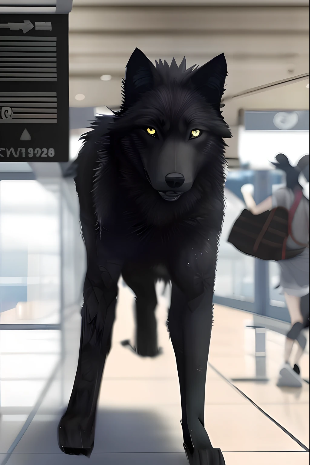 Black Wolf running through the airport hall, Anime style, There is a scoreboard at the airport and a lot of people in the background