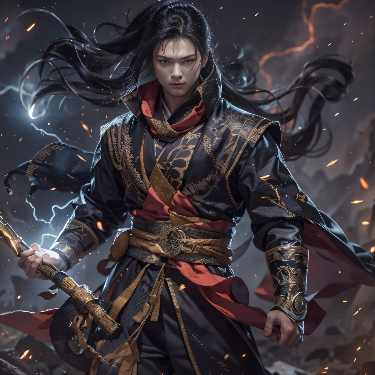 （废墟）eyes filled with angry，He clenched his fists，Rush up，Deliver a fatal blow to your opponent，full bodyesbian，Full Body Male Mage 32K（tmasterpiece，k hd，hyper HD，32K）Long flowing black hair，Campsite size，zydink， a color， patriot （废墟）， （Linen batik scarf）， Angry fighting stance， looking at the ground， Batik linen bandana， Chinese python pattern long-sleeved garment， （Abstract propylene splash：1.2）， Dark clouds lightning background，Flour flies（realisticlying：1.4），Black color hair，Flour fluttering，Background fog， A high resolution， the detail， RAW photogr， Sharp Re， Nikon D850 Film Stock Photo by Jefferies Lee 4 Kodak Portra 400 Camera F1.6 shots, Rich colors, ultra-realistic vivid textures, Dramatic lighting, Unreal Engine Art Station Trend, cinestir 800，Flowing black hair,（（（Male mage））），The male mage was furious，