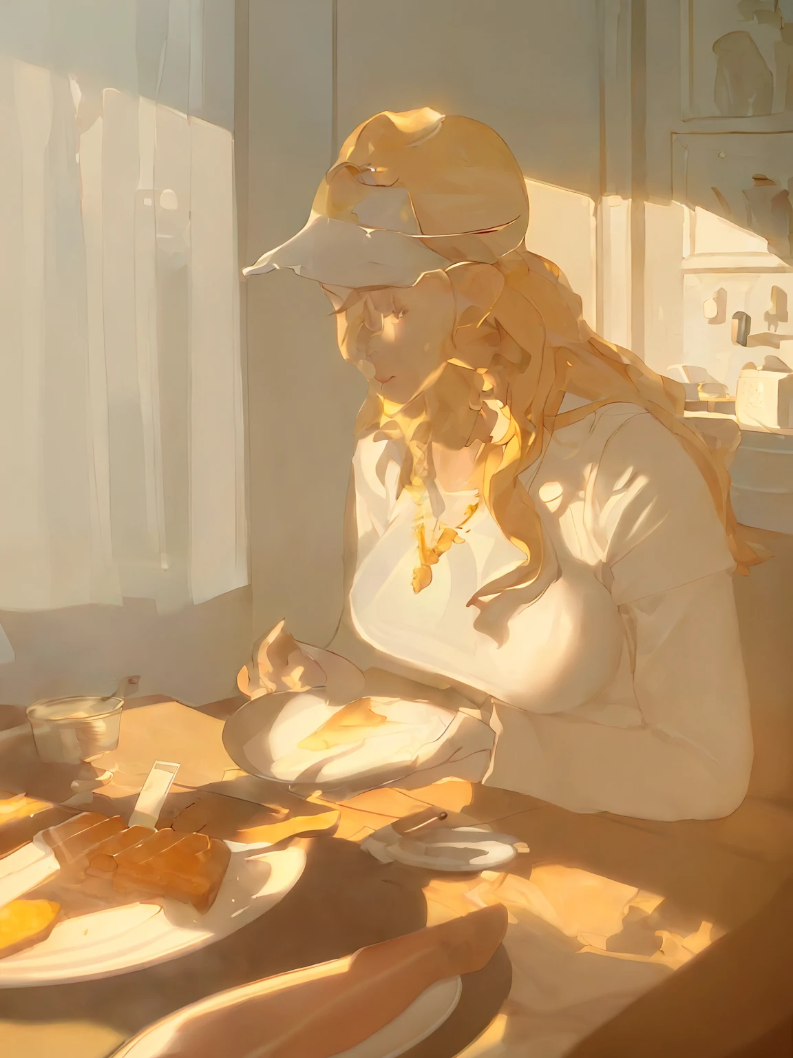 there is a woman sitting at a table with a plate of food, mid morning lighting, afternoon lighting, at a dinner table, nice afternoon lighting, afternoon sunlight, profile pic, eating cheese, soft light from the side, morning golden hour, sun behind her, high light on the left, late afternoon lighting, by Emma Andijewska, on kitchen table