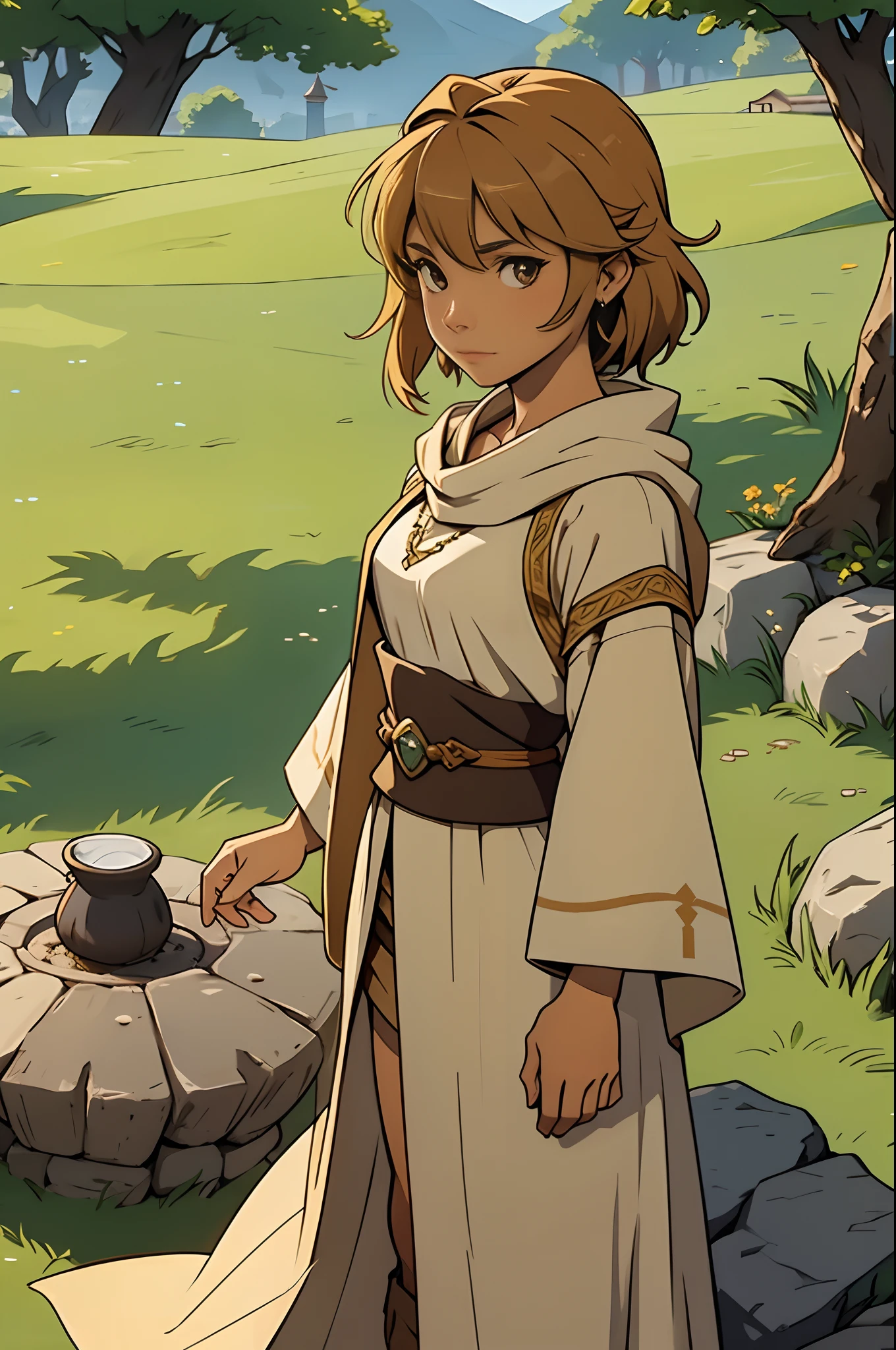 Solo, female, bard, standing, looking at viewer, tan skin, fantasy village, linen tunic, cloak