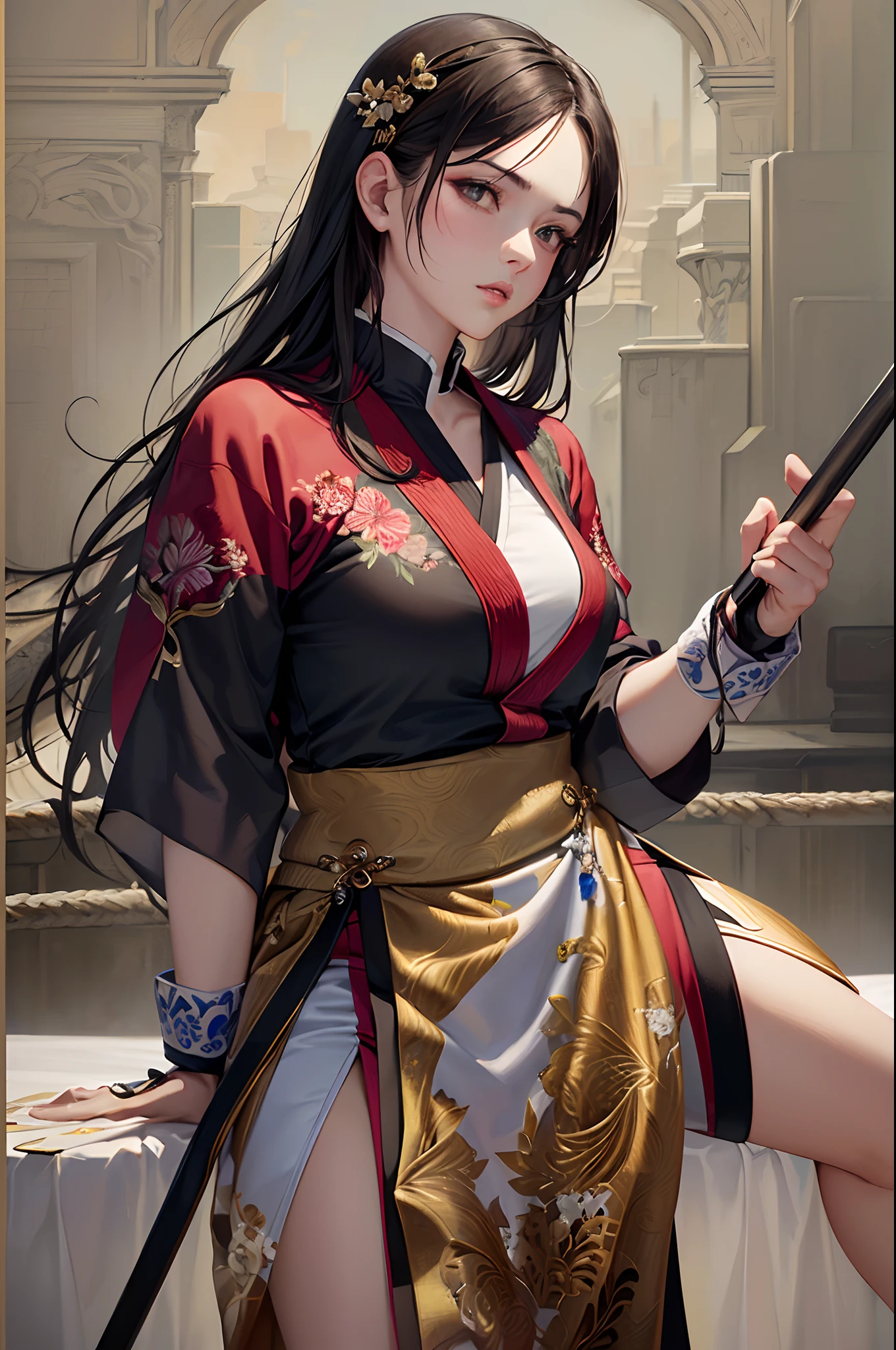 (Finest quality)),(超A high resolution),(ultra-detailliert),(Meticulous portrayal),((best pictures)),(Finest works of art),Ultra-Precision Art,The art of astounding depiction, (Female Martial Artist:1.5),Beautiful face with dense and detailed details:1.5, Beautiful embroidered dogwear with detailed and detailed