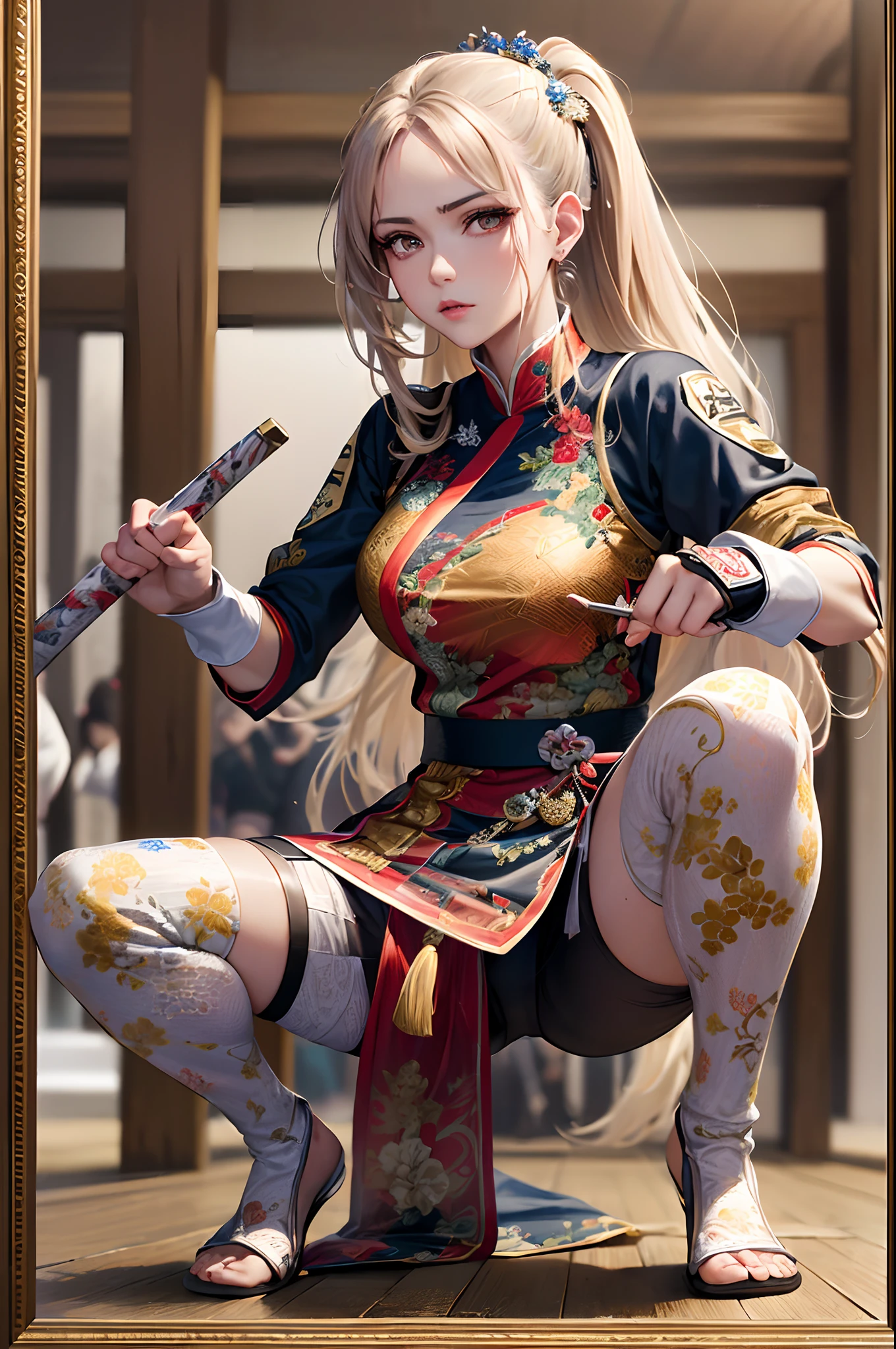 (Finest quality)),(超A high resolution),(ultra-detailliert),(Meticulous portrayal),((best pictures)),(Finest works of art),Ultra-Precision Art,The art of astounding depiction, (Female Martial Artist:1.5),Beautiful face with dense and detailed details:1.5, Beautiful embroidered dogwear with detailed and detailed