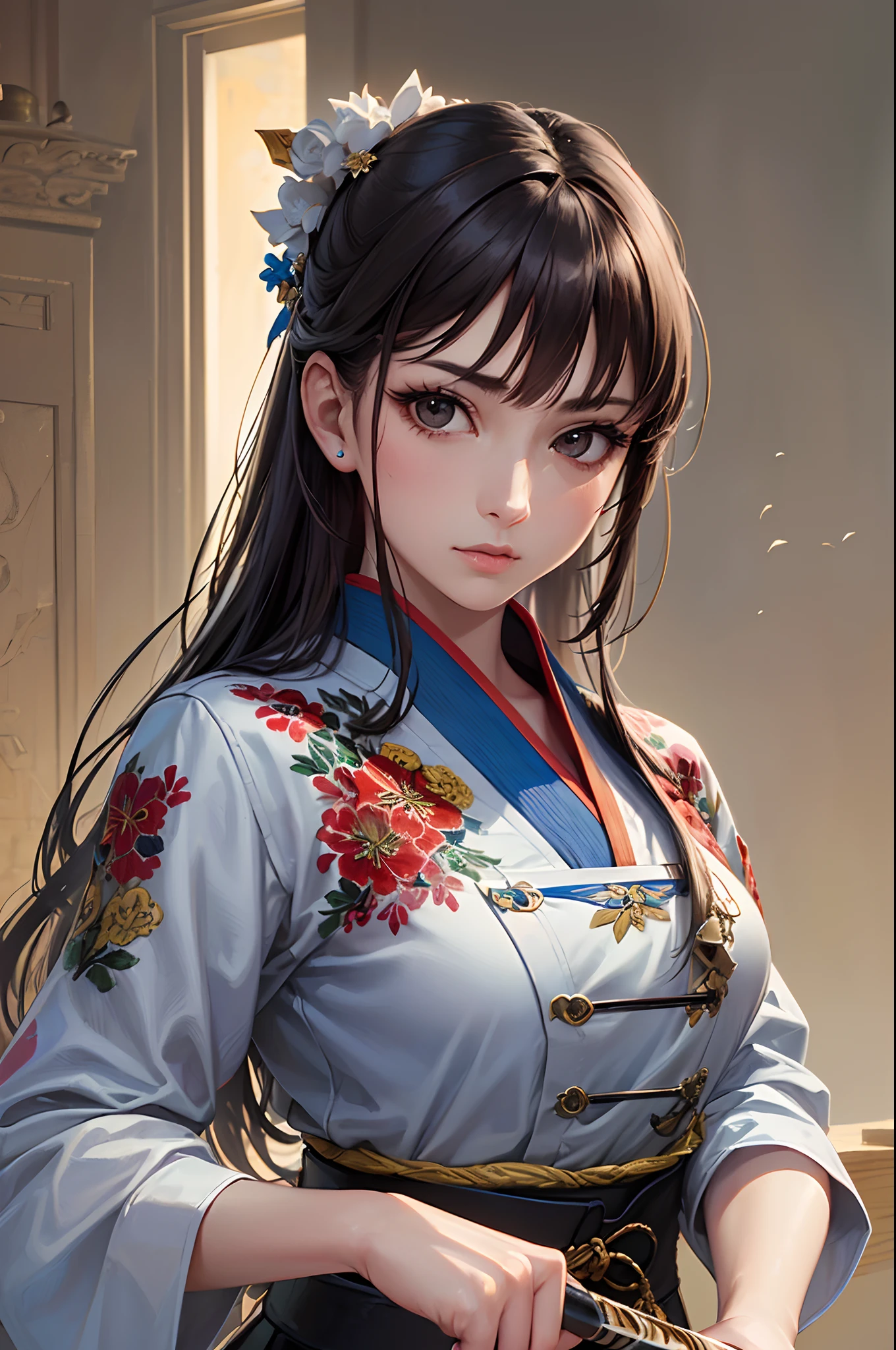 (Finest quality)),(超A high resolution),(ultra-detailliert),(Meticulous portrayal),((best pictures)),(Finest works of art),Ultra-Precision Art,The art of astounding depiction, (Female Martial Artist:1.5),Beautiful face with dense and detailed details:1.5, Beautiful embroidered dogwear with detailed and detailed