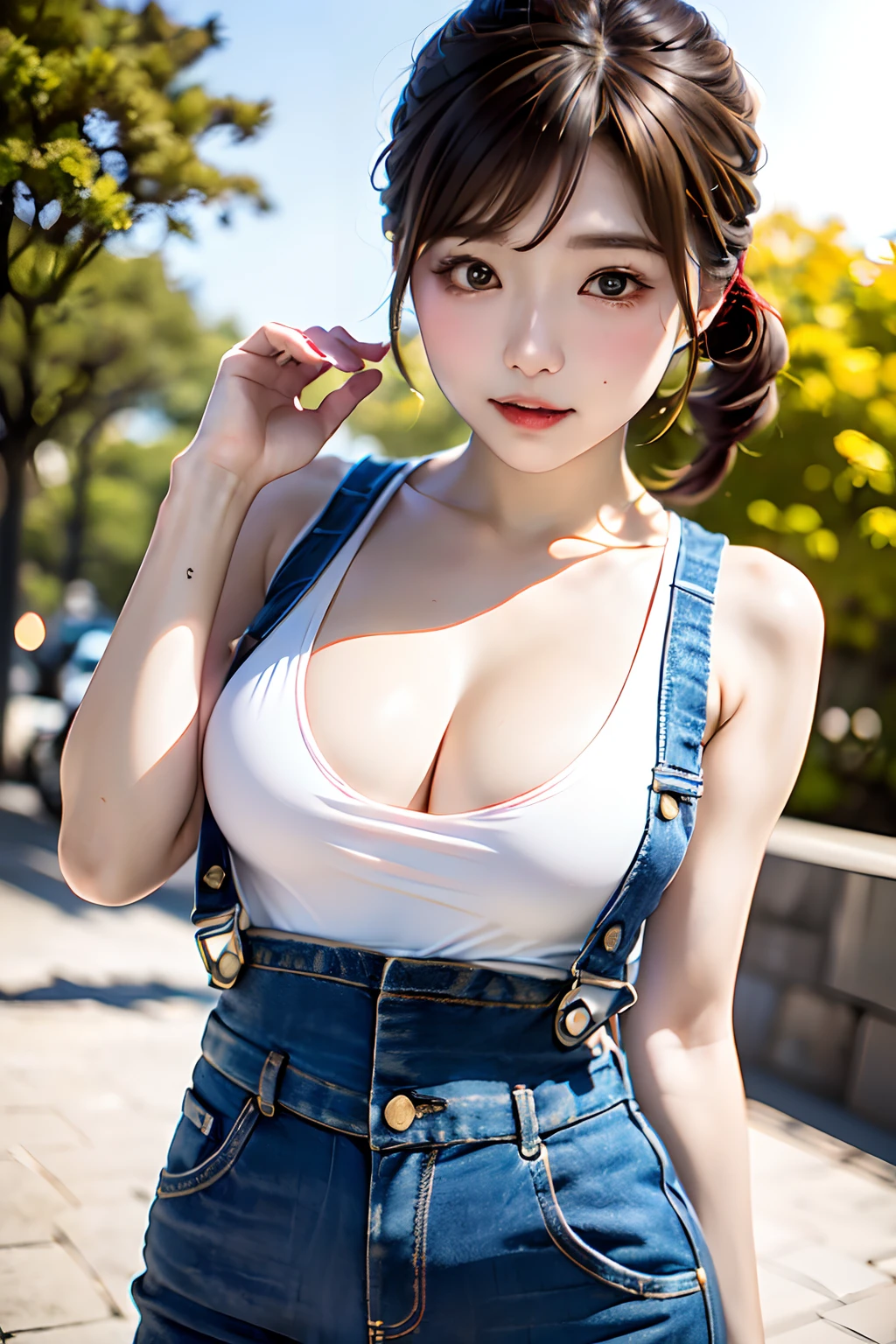 top-quality、masuter piece、ultra-detailliert、8ｋ、独奏、Cowboy Shot、parfect anatomy、1 girl in、shorth hair、(((Hair tied in two、brown haired:1.3)))、Warm knitwear、Overalls Denim、slightly larger breasts、Natural look、red-lips、(((Address Out:1.2、a park、blue open sky、Maple tree of red color、a park)))、(((Blurry and invisible background)))