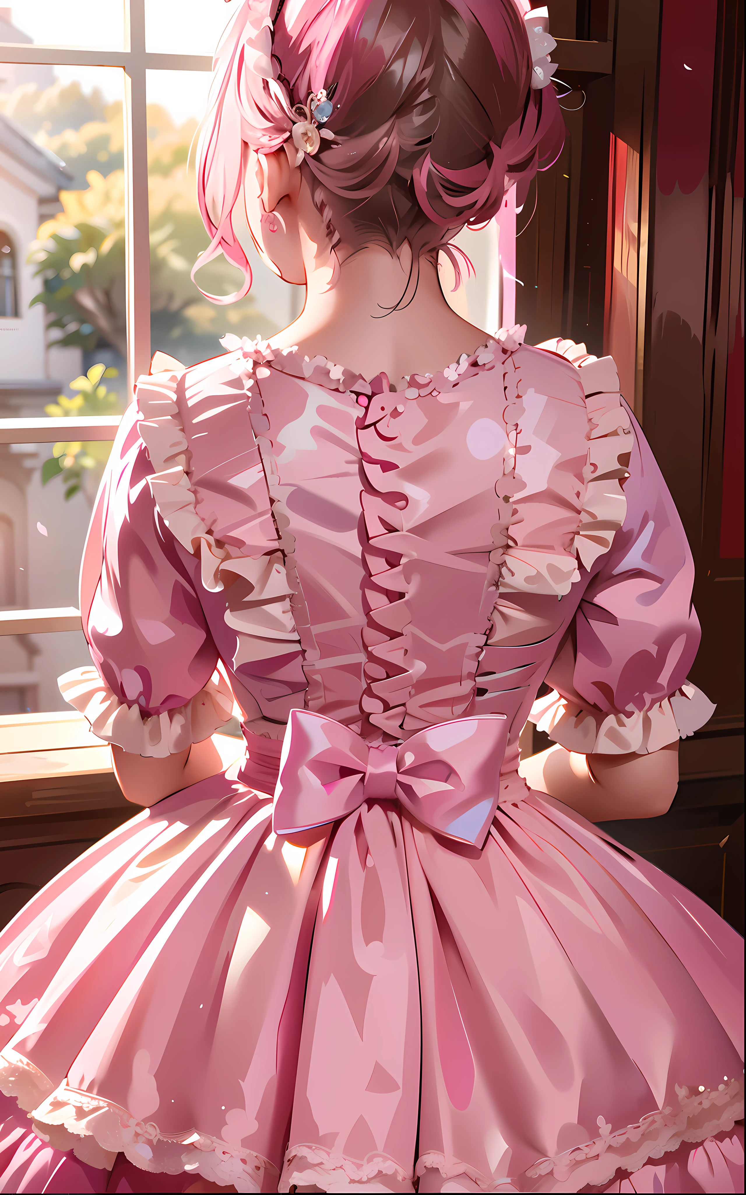 The Aalfed girl in the pink dress looked out the window, Victorian dress, wearing a pink ballroom gown, with soft pink colors, frilld, wearing a pink dress, Rococo dress, frill, Romantic dress, victorian style costume, victorian inspired clothing, Pink dress, Wearing a pink dress, Victorian ladies, wearing victorian clothes, Satin, Victorian clothes, Pink, from behind, back-angle, cute anime style