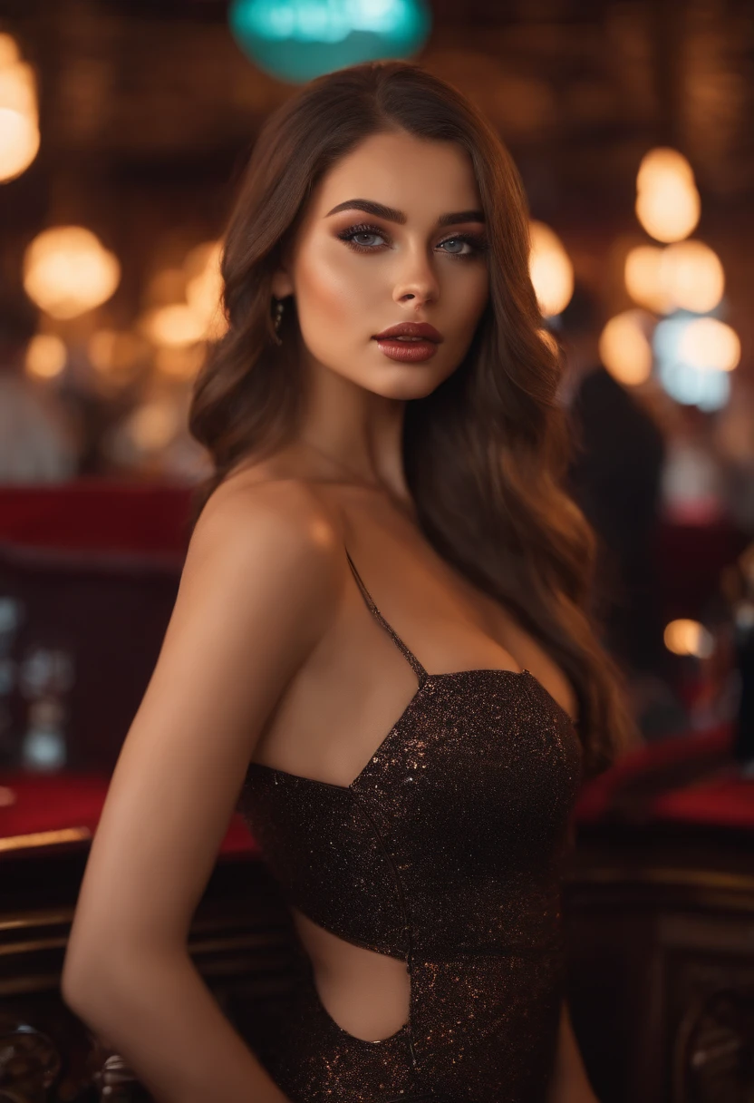 arafed woman fully , sexy girl with brown eyes, ultra realistic, meticulously detailed, portrait sophie mudd, brown hair and large eyes, background nightclub,  high heels, large size bust