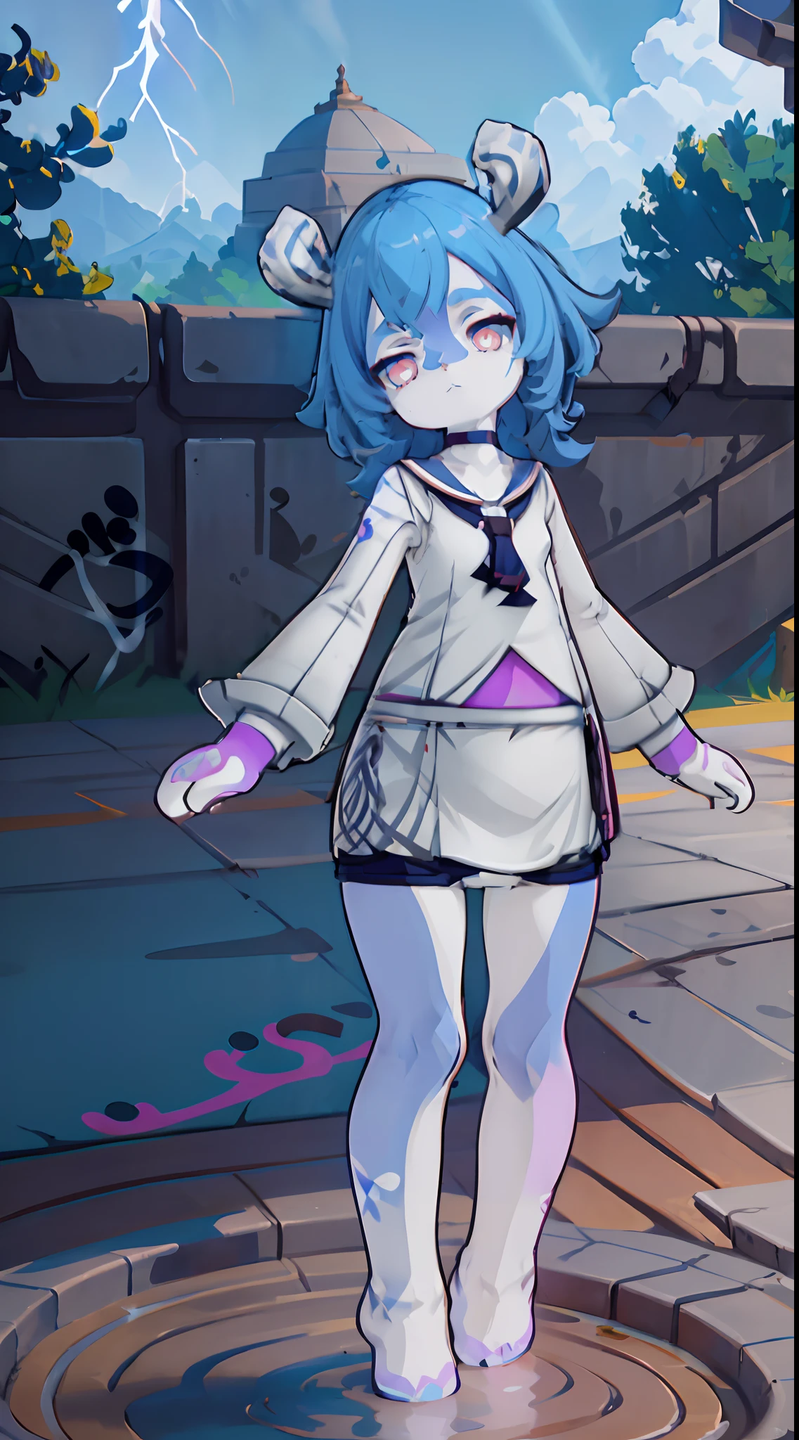 Melousine | genshin impact, master-piece, bestquality, 1girls,25 years old, proportional body, elongated legs, proportional.,sailor suit, short skirt, mediuml breasts, ,bara, crop top, choker, (Graffiti:1.5), Splash with purple lightning pattern., arm behind back, against wall, View viewers from the front., Thigh strap, Head tilt, bored, 10, 10, HD,