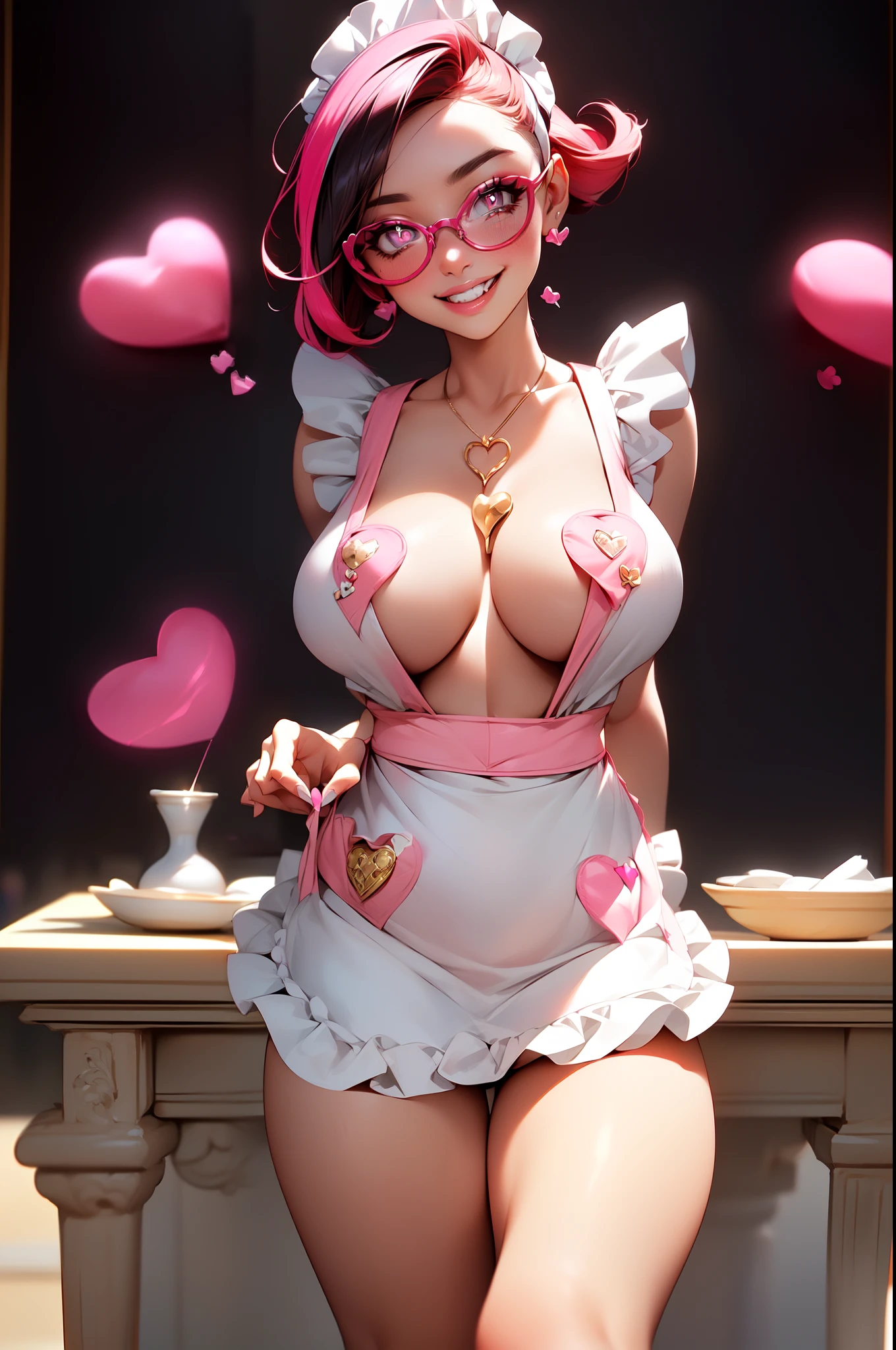 (masterpiece, best quality, supeior quality, intricate details, beautiful, aesthetic:1.2), high quality, 8k, RAW, ultra details, extremely dellicate and beautiful, real shadow, (challenging look), (dinamic pose:1.8), photorealistic, highly detailed painting, award winning painting, marvelous painting, artistic style, stylized, 1girl, cute seductive hot girl, red glasses, (two-tone hair red and white:1.5), ( insame smile , (heart shape pupils):1.5), blush makeup, love hearts, (pink white short sexy apron:1.5),(naked:1.2)