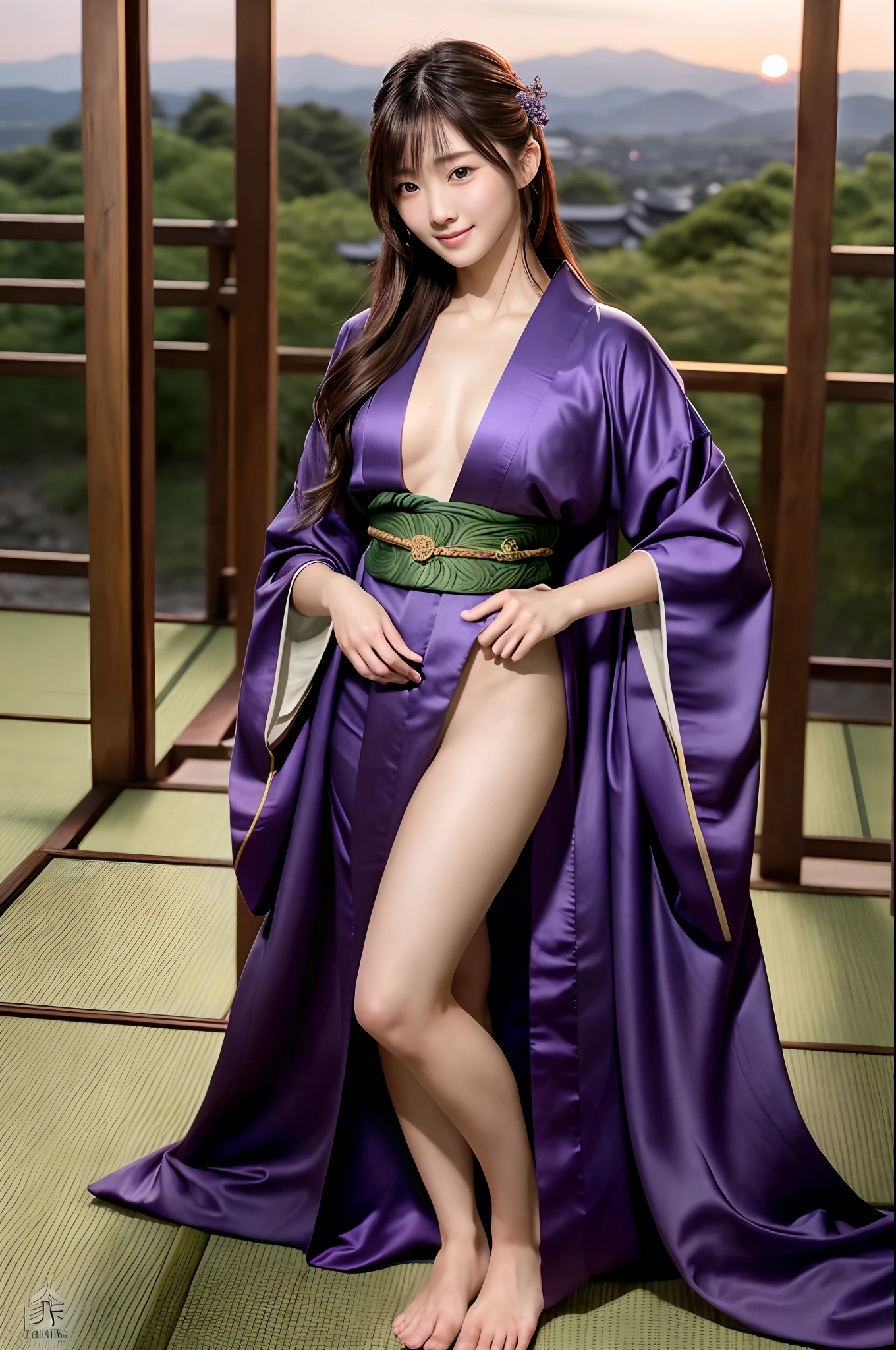 (Masterpiece), Photorealistic, Cute 18-year-old girl, ninja, Shot Full Body, Canon F1 lens.4, (in an open yellow and purple kimono), Cute sexy, nudist, pleasure, adult body, seductive gaze, Slender Eyes, long disheleved hair, perfect anatomy, little smile, Slightly Open Mouth, (frame the head), Centered image, Prehistory of Medieval Japan, Sunset, Cinematic, dark fantasy style, Aesthetics of Japan, luminism, 16K resolution, human hands, miraculous, elegant, approaching perfection, dynamic, Depth of field, Film grain, Steve Hanks, Highly detailed, facing directly to the viewer, Stunningly beautiful, detailed hairstyle,