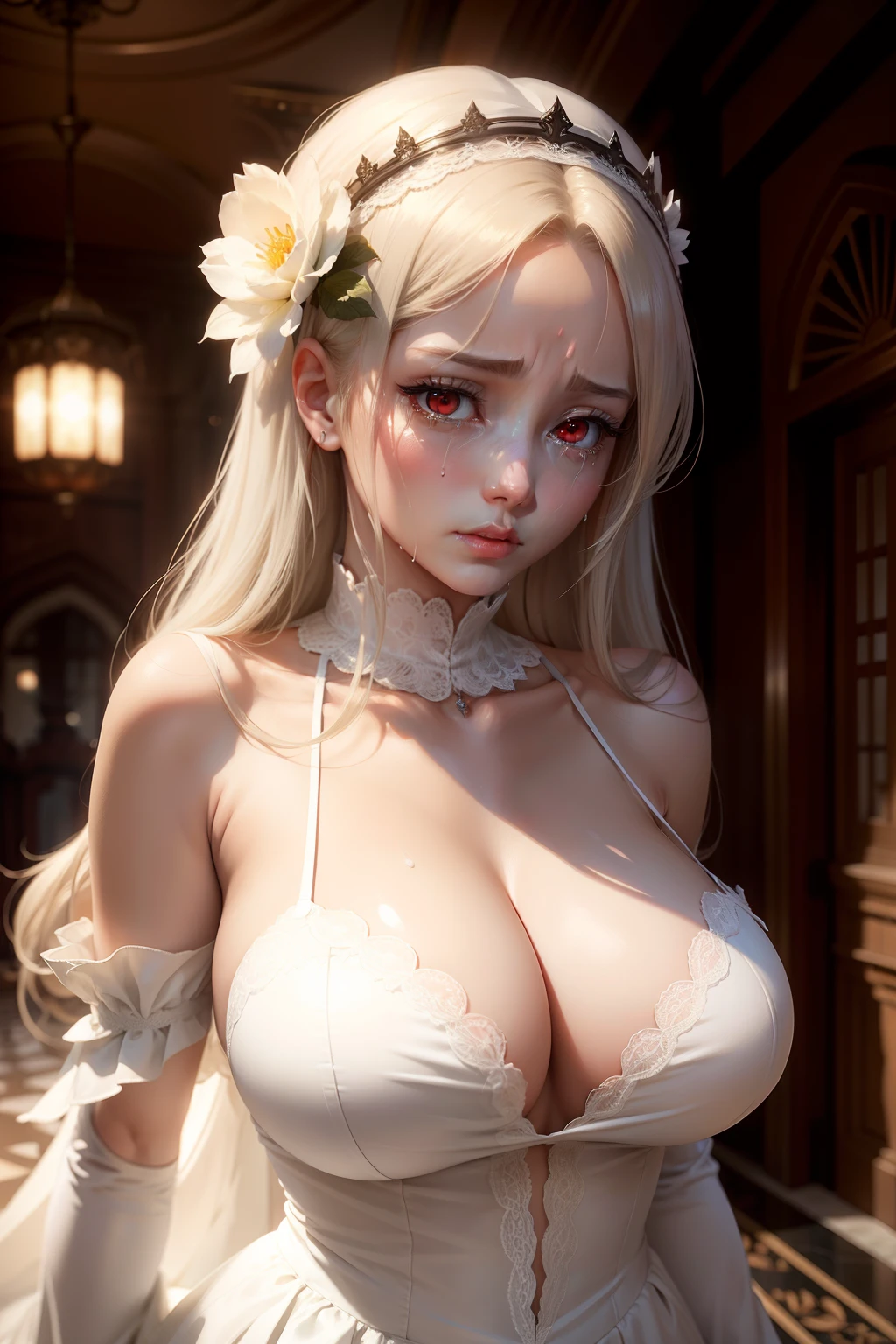 Anime/realistic, large breasts, sad, inside mansion main hall, White dress covering chest with only a slight bit of cleavage visible, crying red eyes, beautiful, modest,