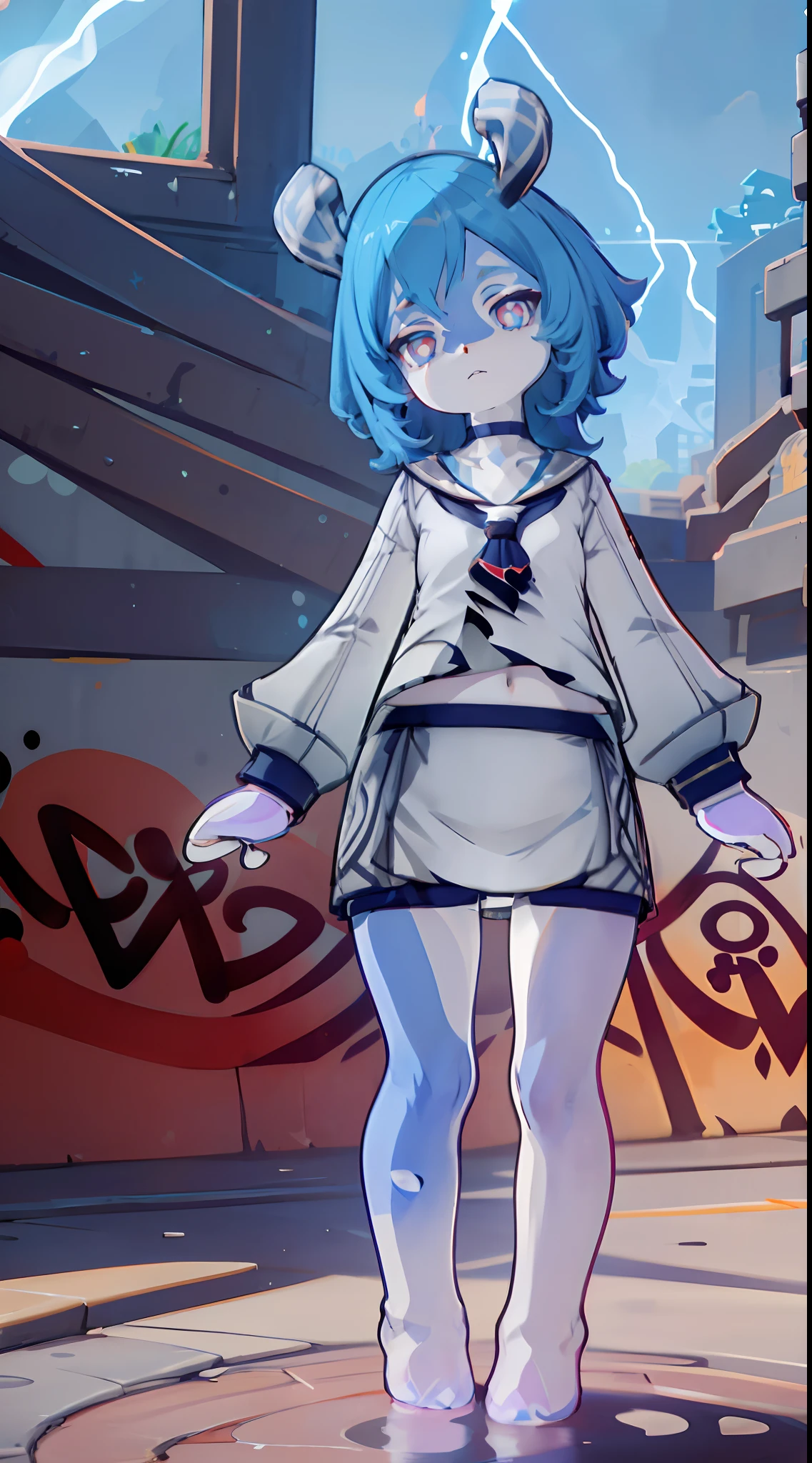 Melousine | genshin impact, master-piece, bestquality, 1girls,25 years old, proportional body, elongated legs, proportional.,sailor suit, short skirt, mediuml breasts, ,bara, crop top, choker, (Graffiti:1.5), Splash with purple lightning pattern., arm behind back, against wall, View viewers from the front., Thigh strap, Head tilt, bored, 10, 10, HD,