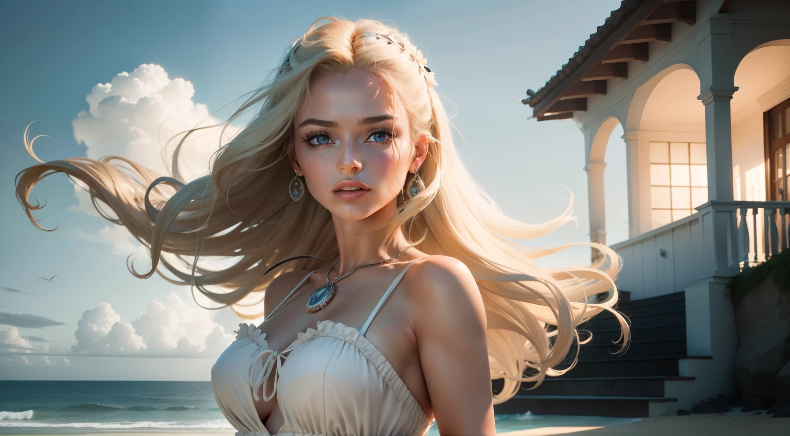 ((work of art, 8k, best qualityer, high resolution:1.3)), (a young woman with very light blonde hair, wavy, far away, and loose hair:1.2), (her eyes are very light green:1.2), (her face is perfect with delicate features:1.2), (She has thick eyebrows:1.2), (freckles are scattered across her face:1.2), (she is wearing a beautiful white dress from Ancient Greece:1.2), (on her head is a beautiful tiara made of various colorful flowers:1.2), (she is on a Greek island walking afar away the beach at sunset:1.2), (the image captures from the waist up:1.2), (her body is perfect and slender:1.2), (She's smiling for the picture:1.4), (bokeh effect in photo:1.2), (Vignette effect:1.2), (Canon EOS 5DS R Camera, perfect for capturing the details and beauty of the scene:1.2), (paired with the Canon EF 85mm f/1.Lente 4L IS USM:1.2), (The scene is bathed in soft, warm sunset light:1.2), (her confident and graceful pose showing her natural elegance:1.2), (A moment frozen in time, capturing the essence of Greek beauty and serenity:1.3), (ultra photoreal, highlighting its characteristics and the idyllic beach setting:1.3), (an image that transports the viewer to a captivating and romantic moment:1.2), (a scene that exemplifies the beauty of the human form in a timeless setting:1.2), (((SFW))), cinematic, 超detailded, insane details, beautifully color-graded, cinematic lightning, Insanely detailed and intricate, Hyper maximalist, Volumetric, full color, HDR, Shallow depth of field, high budget Hollywood movie, cinemascope, temperamental, epic, marvelous