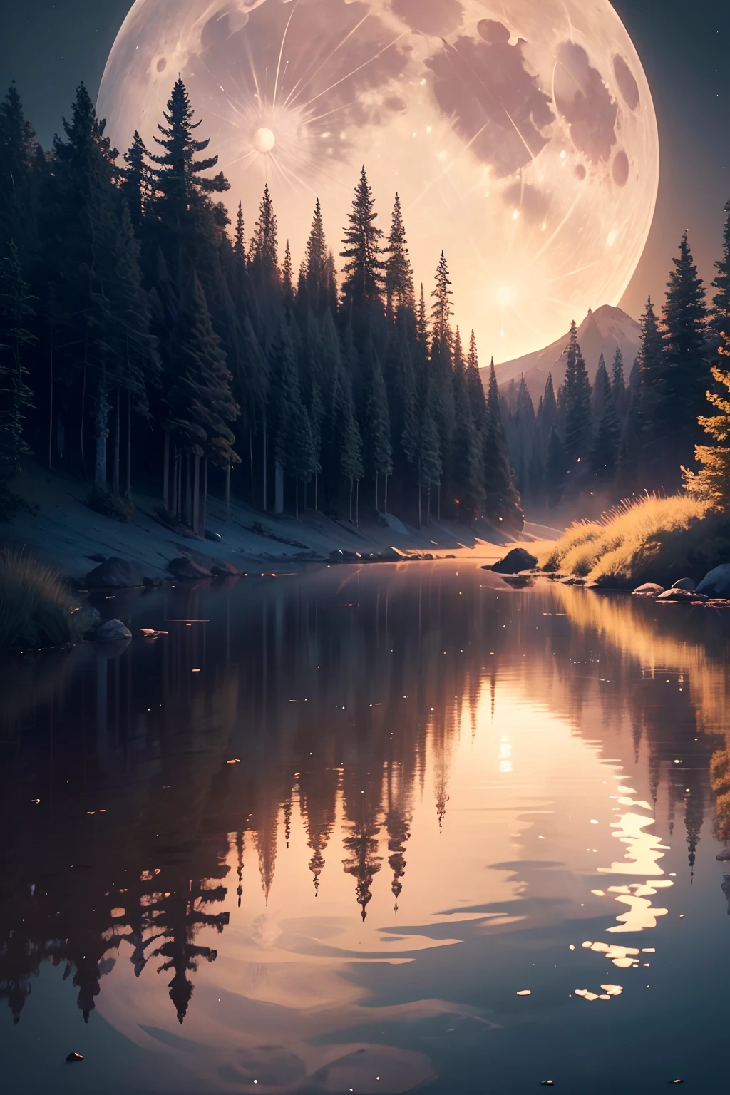 breathtaking, ethereal scene of a full moon shining brightly over a tranquil landscape, casting a soft, luminous glow. The moon should be the focal point, with intricate details and realistic shading. The surrounding environment should be serene, with a hint of mystery and tranquility. The artwork should evoke a sense of awe and wonder. Resolution: 4K.