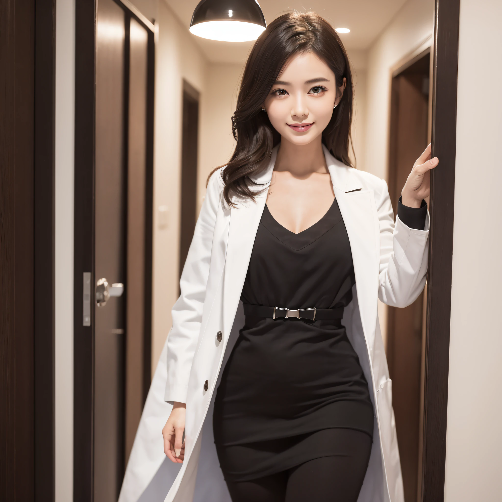 One Nurse Woman、((best qualtiy、8k masterpieces:1.3))、foco nítido:1.2、(ultra beautiful faces:1.0)、(shinny skin:1.0)、photos realistic、A dark-haired、Video Lighting、High-definition eyes and face、Video Lighting、Japan Idol Actress、from the front side、medium breasts、Smile、Slender Abs Beauty、Whole body、Wearing a white coat