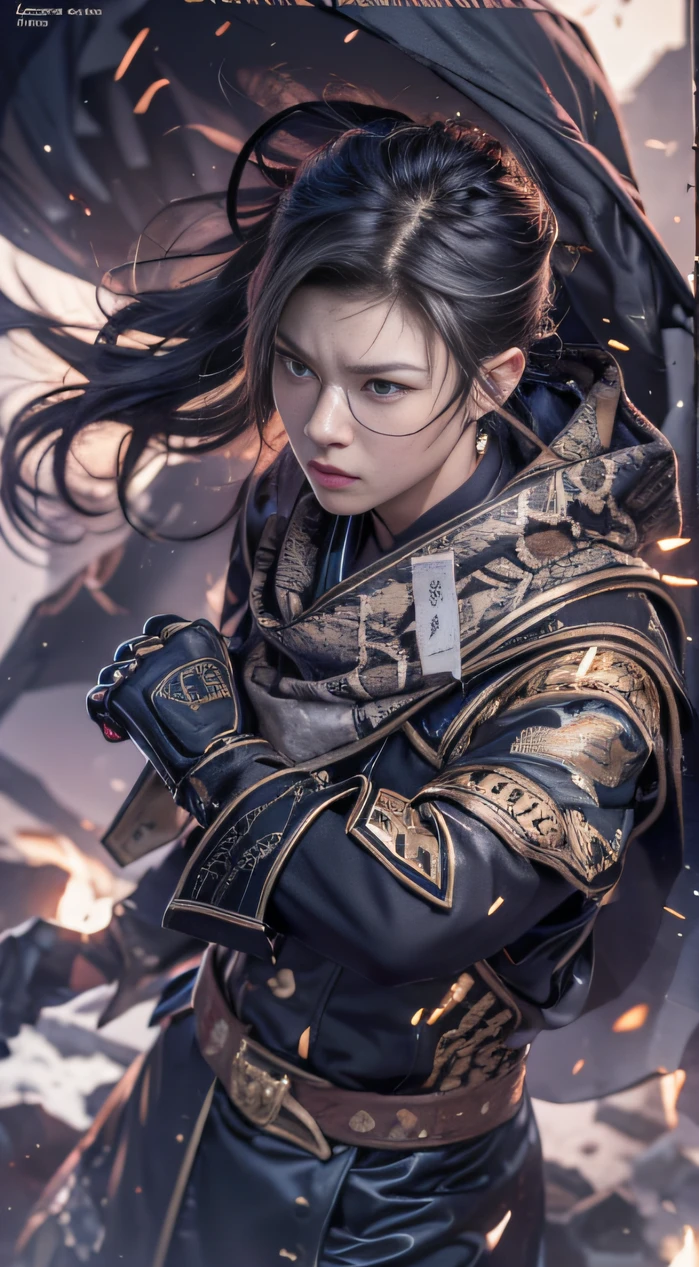 (废墟)eyes filled with angry,He clenched his fists,Rush up,Deliver a fatal blow to your opponent,full bodyesbian,Full Body Male Mage 32K(tmasterpiece,k hd,hyper HD,32K)Long flowing black hair,Campsite size,zydink, a color, patriot (废墟), (Linen batik scarf), Angry fighting stance, looking at the ground, Batik linen bandana, Chinese python pattern long-sleeved garment, (Abstract propylene splash:1.2), Dark clouds lightning background,Flour flies(realisticlying:1.4),Black color hair,Flour fluttering,Background fog, A high resolution, the detail, RAW photogr, Sharp Re, Nikon D850 Film Stock Photo by Jefferies Lee 4 Kodak Portra 400 Camera F1.6 shots, Rich colors, ultra-realistic vivid textures, Dramatic lighting, Unreal Engine Art Station Trend, cinestir 800,Flowing black hair,(((Male mage))),The male mage was furious,
