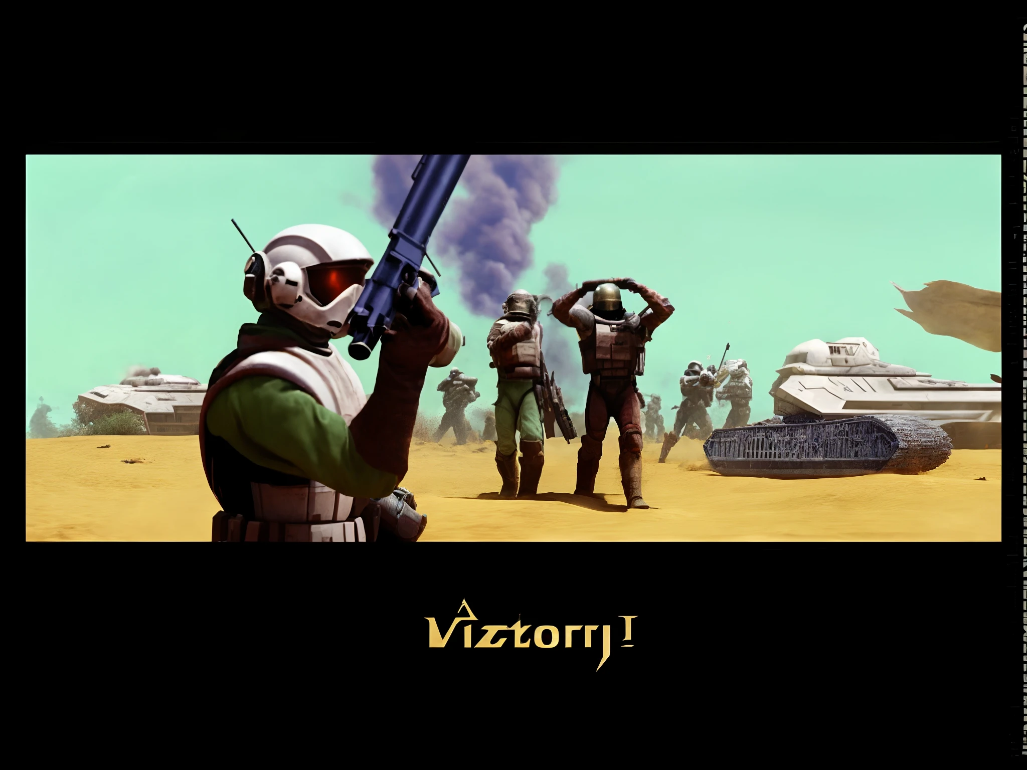 masterpiece, high quality, detailed photo, a close up of a video game with a person holding a gun, in an arena in dune 2021, space soldiers, space armor suits, space helmets, rifle, gun, detailed armor, detailed helmet with vizor, battle over, space tanks, battle tech, black mos eisley, invading kashyyyk, epic sandstorm battle, starship troopers, battle of geonosis, showing victory, victory, from star wars legends, dune, captura, desert game, rogue trooper, dune style, video game cutscene