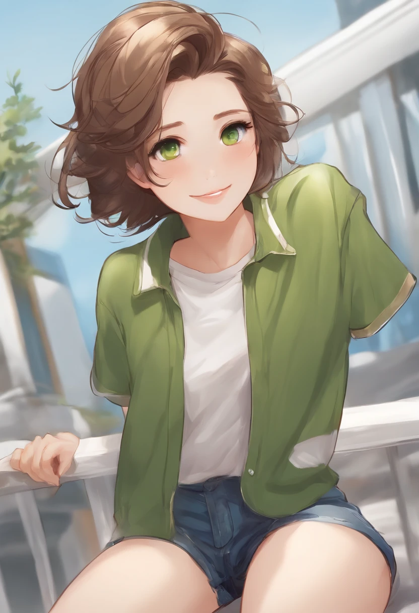 a 1girl, chibi, pretty, ssmile, white tshirt, hairlong, brown-hair, quiff, messy hair, green colored eyes, quiff, blue shorts, Brown hair, whitebackground, floting hair