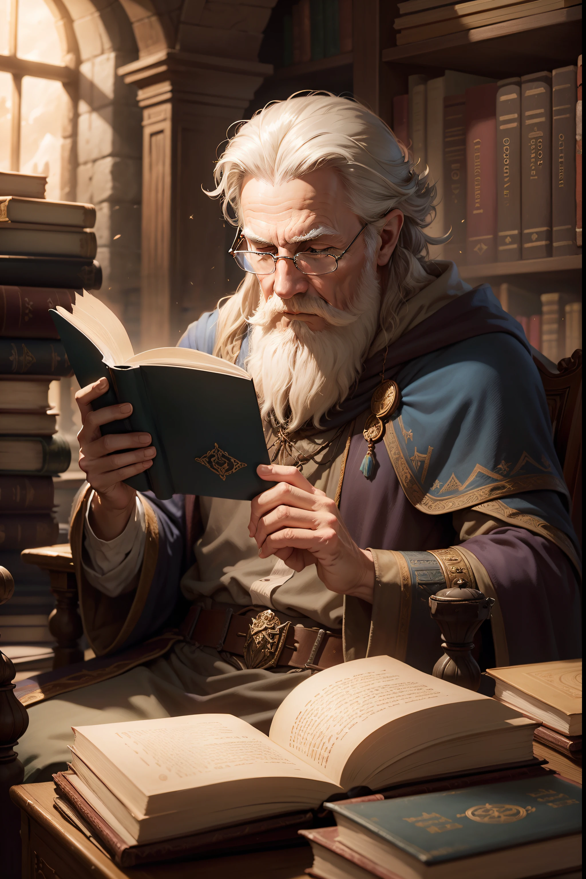 the wizard reads a book in the ancient library