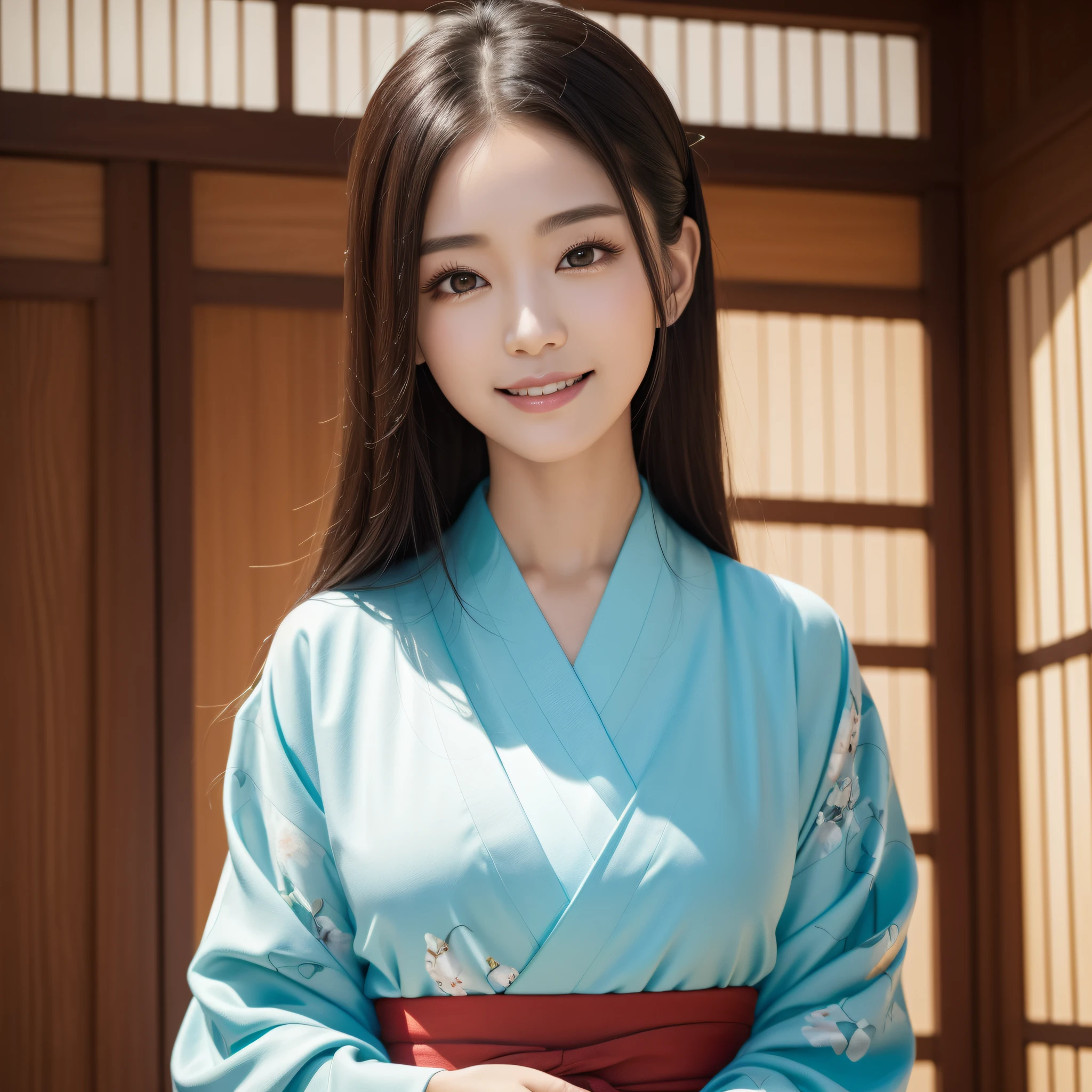Woman in Kimono、((best qualtiy、8k masterpieces:1.3))、foco nítido:1.2、(ultra beautiful faces:1.0)、(shinny skin:1.0)、photos realistic、A dark-haired、Video Lighting、High-definition eyes and face、Video Lighting、Korean idol actress、from the front side、medium breasts、Smile、Slender Abs Beauty、Whole body、wearing kimonos、At the shrine in the early morning