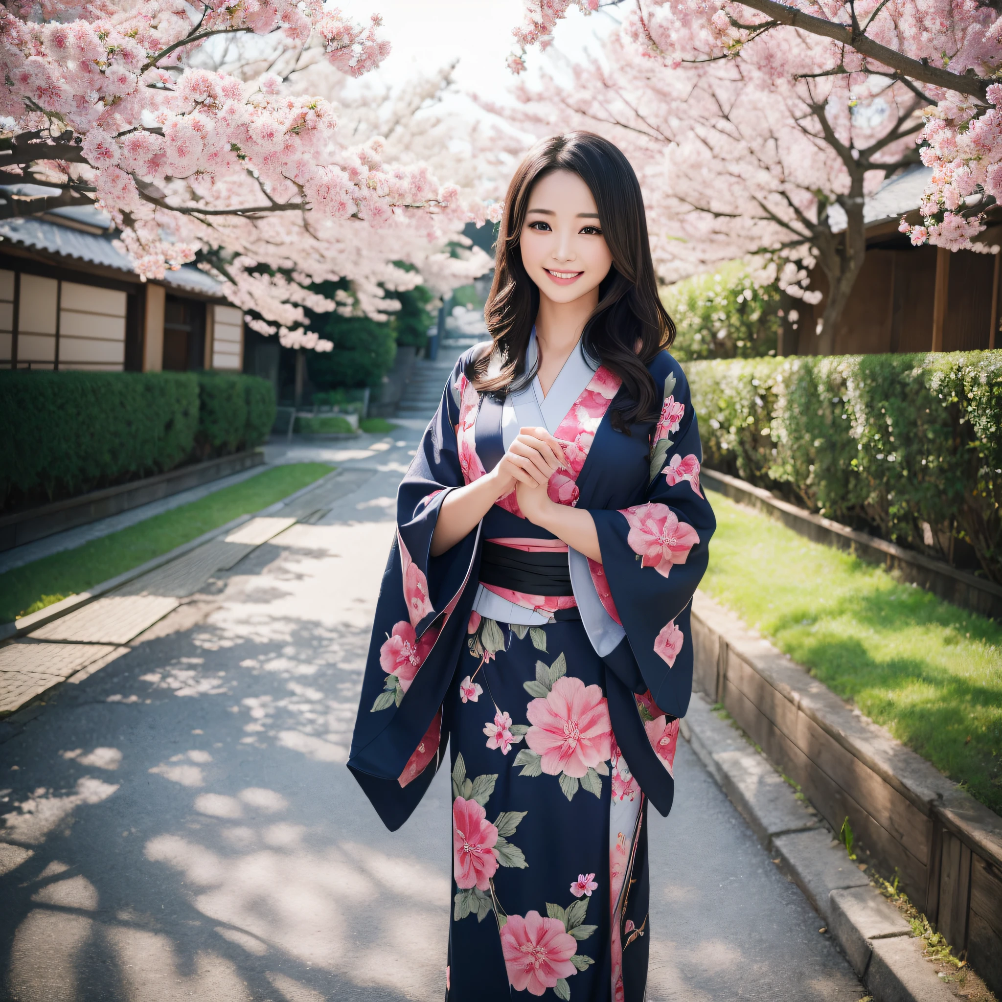 (Super beautiful woman in kimono)、((best qualtiy、8k masterpieces:1.3))、foco nítido:1.2、(ultra beautiful faces:1.0)、(shinny skin:1.0)、photos realistic、A dark-haired、Video Lighting、High-definition eyes and face、Video Lighting、Japanese actressl、from the front side、medium breasts、With a happy smile、Slender Abs Beauty、Whole body、wearing kimonos、Under the cherry