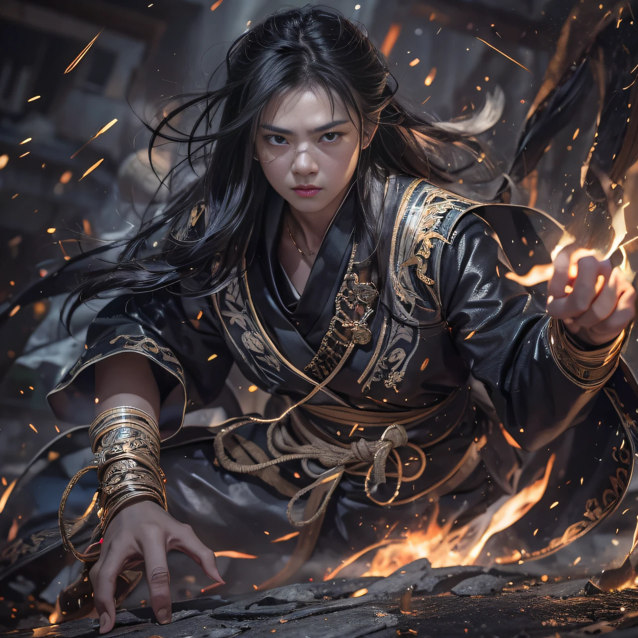 (Explosive ruins)eyes filled with angry,He clenched his fists,Rush up,Deliver a fatal blow to your opponent,full bodyesbian,Full Body Male Mage 32K(tmasterpiece,k hd,hyper HD,32K)Long flowing black hair,Campsite size,zydink, a color, patriot (废墟), (Linen batik scarf), Angry fighting stance, looking at the ground, Batik linen bandana, Chinese python pattern long-sleeved garment, (Abstract propylene splash:1.2), Dark clouds lightning background,Flour flies(realisticlying:1.4),Black color hair,Flour fluttering,Background fog, A high resolution, the detail, RAW photogr, Sharp Re, Nikon D850 Film Stock Photo by Jefferies Lee 4 Kodak Portra 400 Camera F1.6 shots, Rich colors, ultra-realistic vivid textures, Dramatic lighting, Unreal Engine Art Station Trend, cinestir 800,Flowing black hair,(((Male mage))),The male mage was furious,