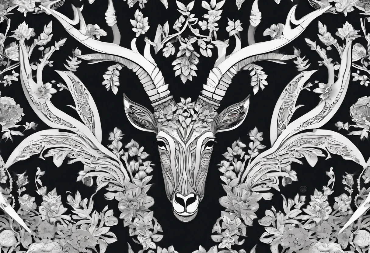 The head of the antelope with luxurious and striking horns, add floral details around it, bring a sense of horror and eerie feeling to the picture,(black and white image)