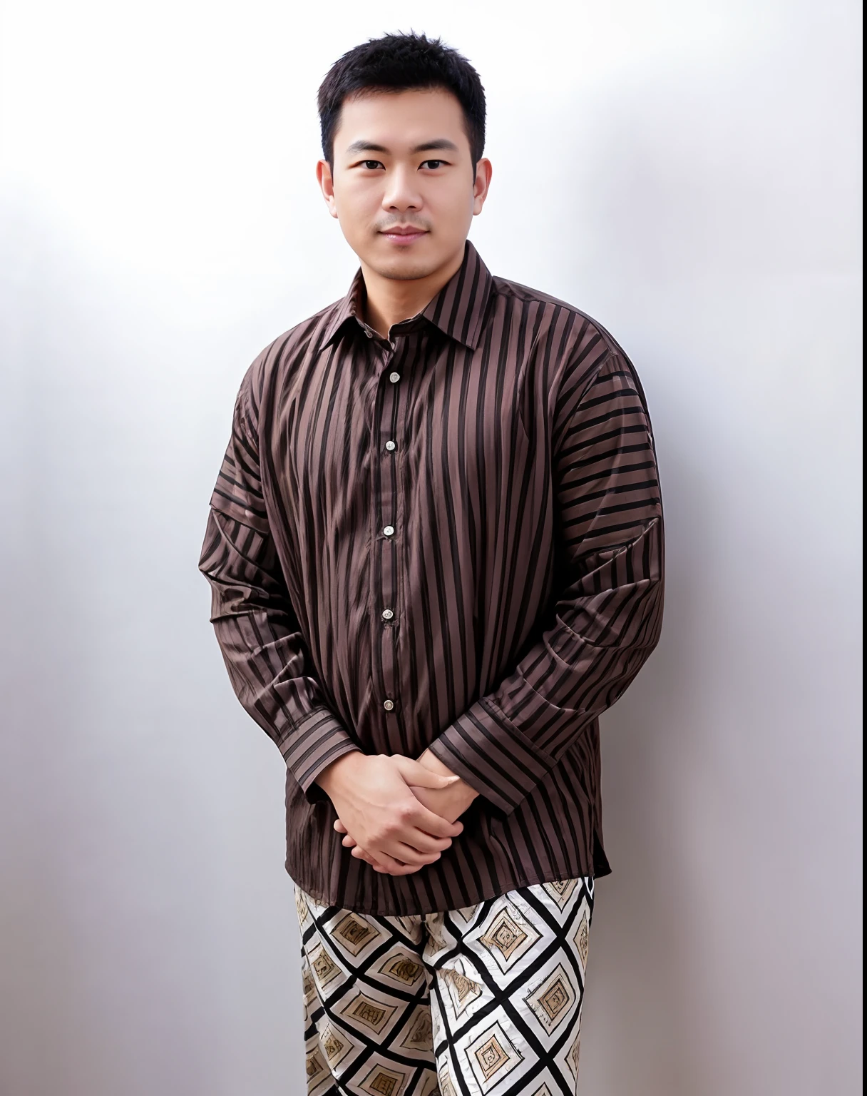 arafed fat man in a striped shirt and patterned pants posing for a picture, wearing authentic attire, traditional clothing, traditional clothes, wearing traditional garb, batik, inspired by I Ketut Soki, dressed thobe, catalog photo, traditional dress, inspired by Basuki Abdullah, profile shot, traditional costume, emir, backdrop, formal attire