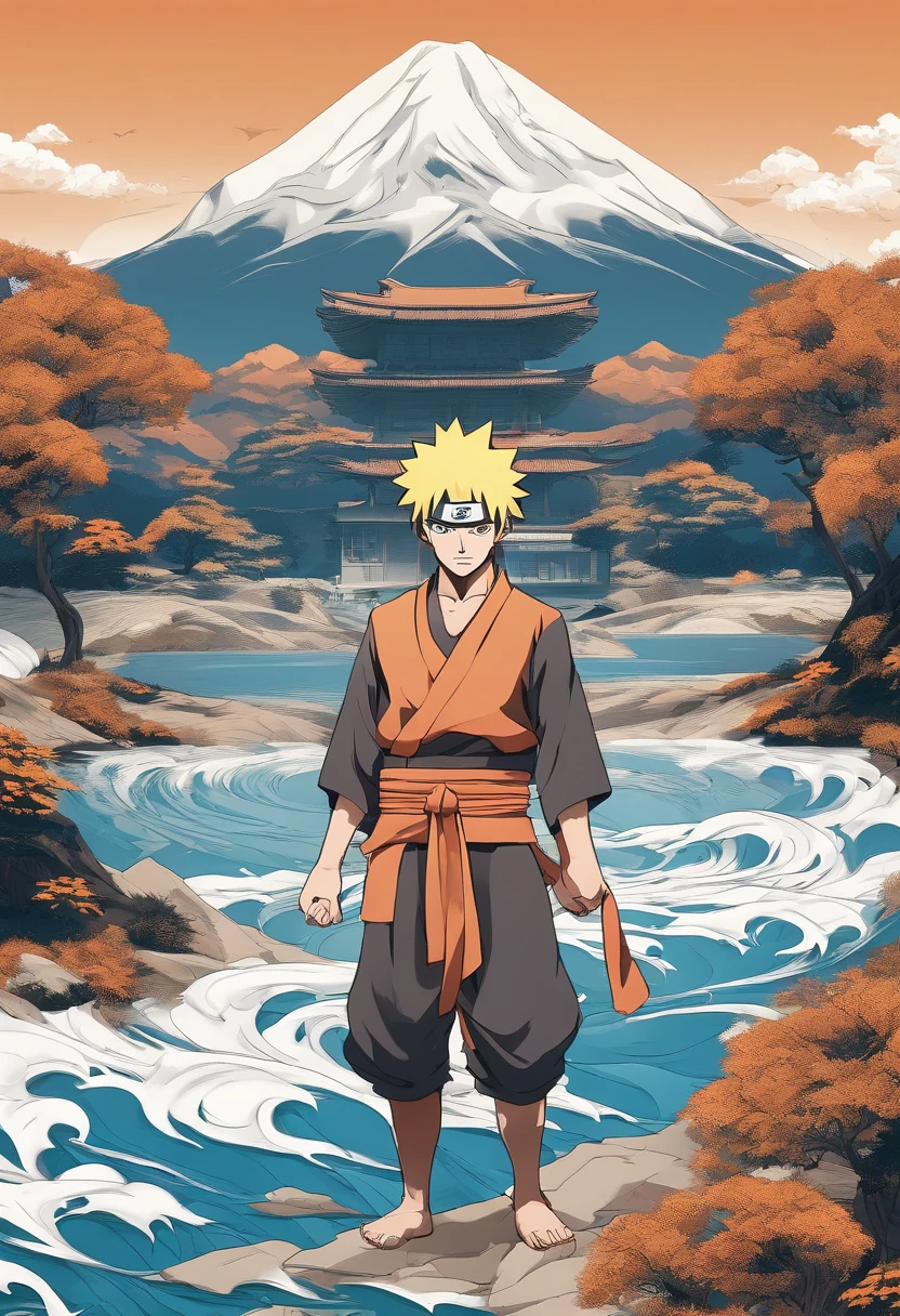 uzumaki naruto, Charismatic and decisive expression, Headband with the Konoha symbol, spiky blonde hair, bright blue eyes, Orange jumpsuit, Energetic pose, Shadow clones in the background, intense battle scene, Dynamic action, Powerful rasengan, Dramatic Lighting, Vivid colors, Detailed background, Rugged mountains. (Best Quality, 4K, hight resolution), [Realistic], Matte finish, Vibrant color palette.
