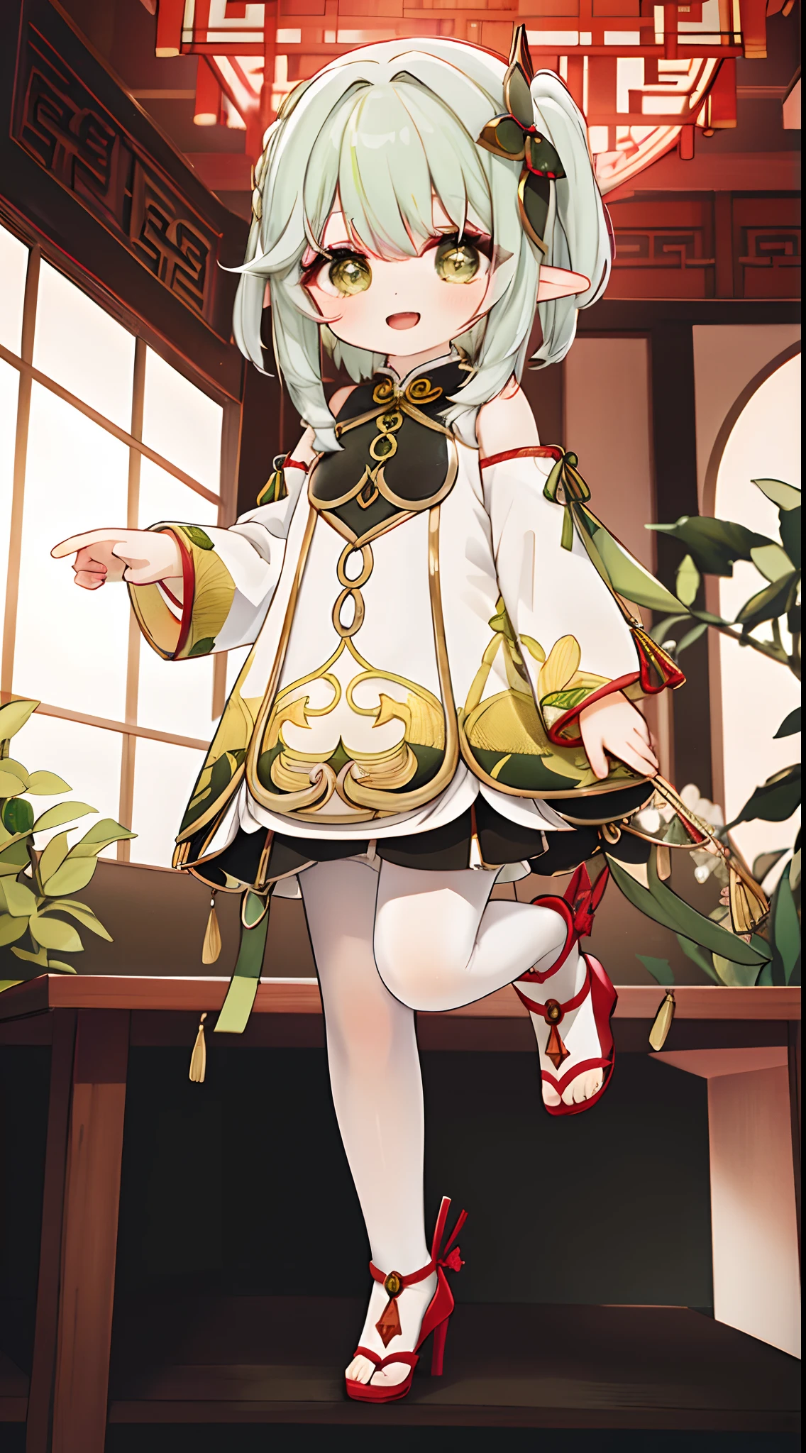 1girll, Solo, Green hair, Red eyes, Short hair, shirt, Open mouth, Smile, Red antique cheongsam,Superskirt,National style,on cheongsam, Hood,, view the viewer, kazami yuuka, Long sleeves, Open clothes, bangs, mitts, lacepantyhose ,black lence stockings, hair between eye, :D, 鎖骨,Printed cheongsam, Full body photo of high heels