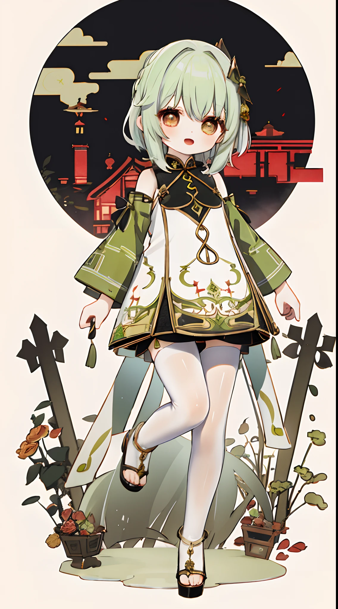 1girll, Solo, Green hair, Red eyes, Short hair, shirt, Open mouth, Smile, Red antique cheongsam,Superskirt,National style,on cheongsam, Hood,, view the viewer, kazami yuuka, Long sleeves, Open clothes, bangs, mitts, lacepantyhose ,black lence stockings, hair between eye, :D, 鎖骨,Printed cheongsam, Full body photo of high heels
