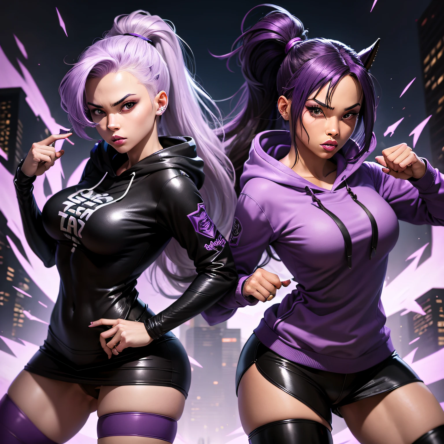 graphic novel style, in attack stance, houston texas, night time, purple smoke, two beautiful crime fighting models, one caucasian with light purple hair dressed in black, one African American with dark hair dressed in purple, 23 years old, wearing hoodies, skirts, pony tails, katanas,