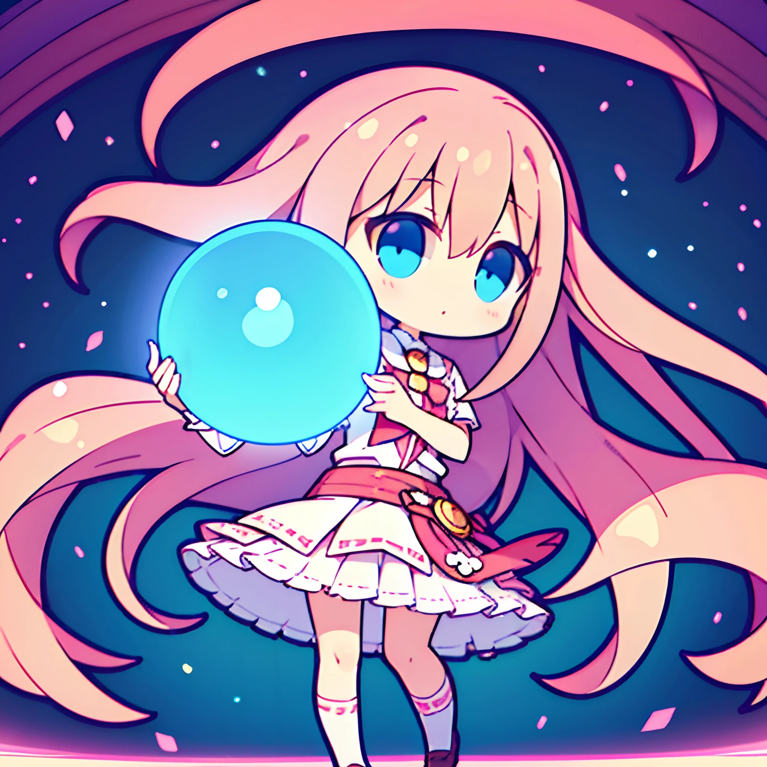 1girll,Long pink curly hair,Pink and white skirt,Small brown leather shoes,vivaciousness,Quiet,Holding a glowing ball in his hand,Waist length hair,blue color eyes