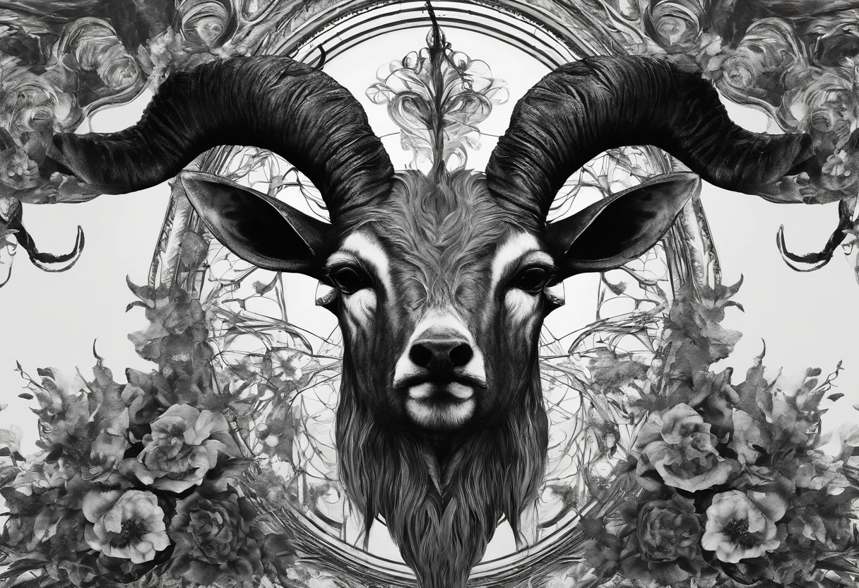 The head of the antelope with luxurious and striking horns, add floral details around it, bring a sense of horror and eerie feeling to the picture,(black and white image)