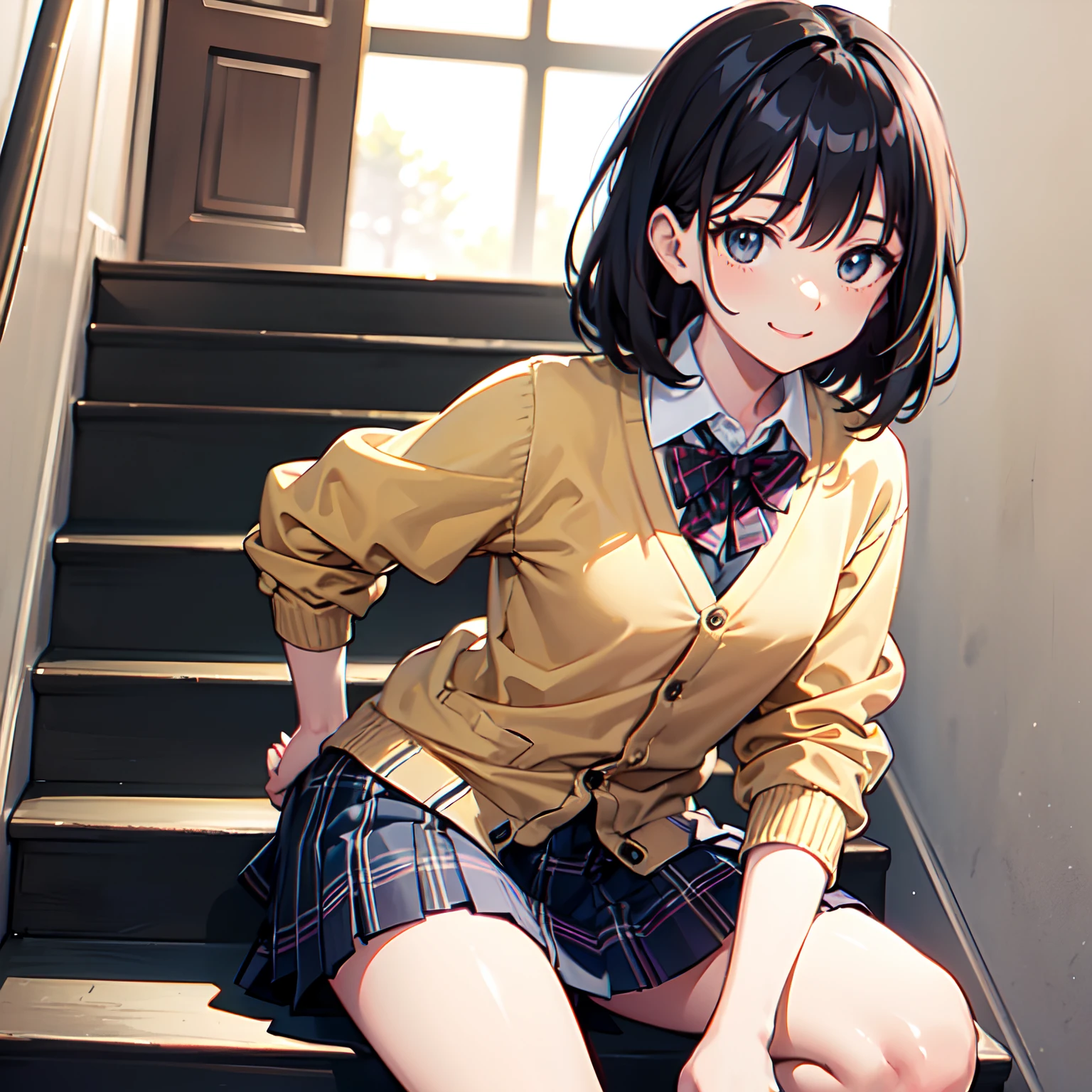 top-quality, ​masterpiece, high-detail, 16k image、award winning portrait、Super delicate and cute girl with black hair、1 persons、a junior high school student、14years、Delicate texture、 Medium Hair、flat chest、(((Plaid mini skirt)))、(((Wearing a cardigan over a collared shirt)))、high socks、Plain clothe、Smiling、AS-Adult、((Climb the stairs))、Backshots