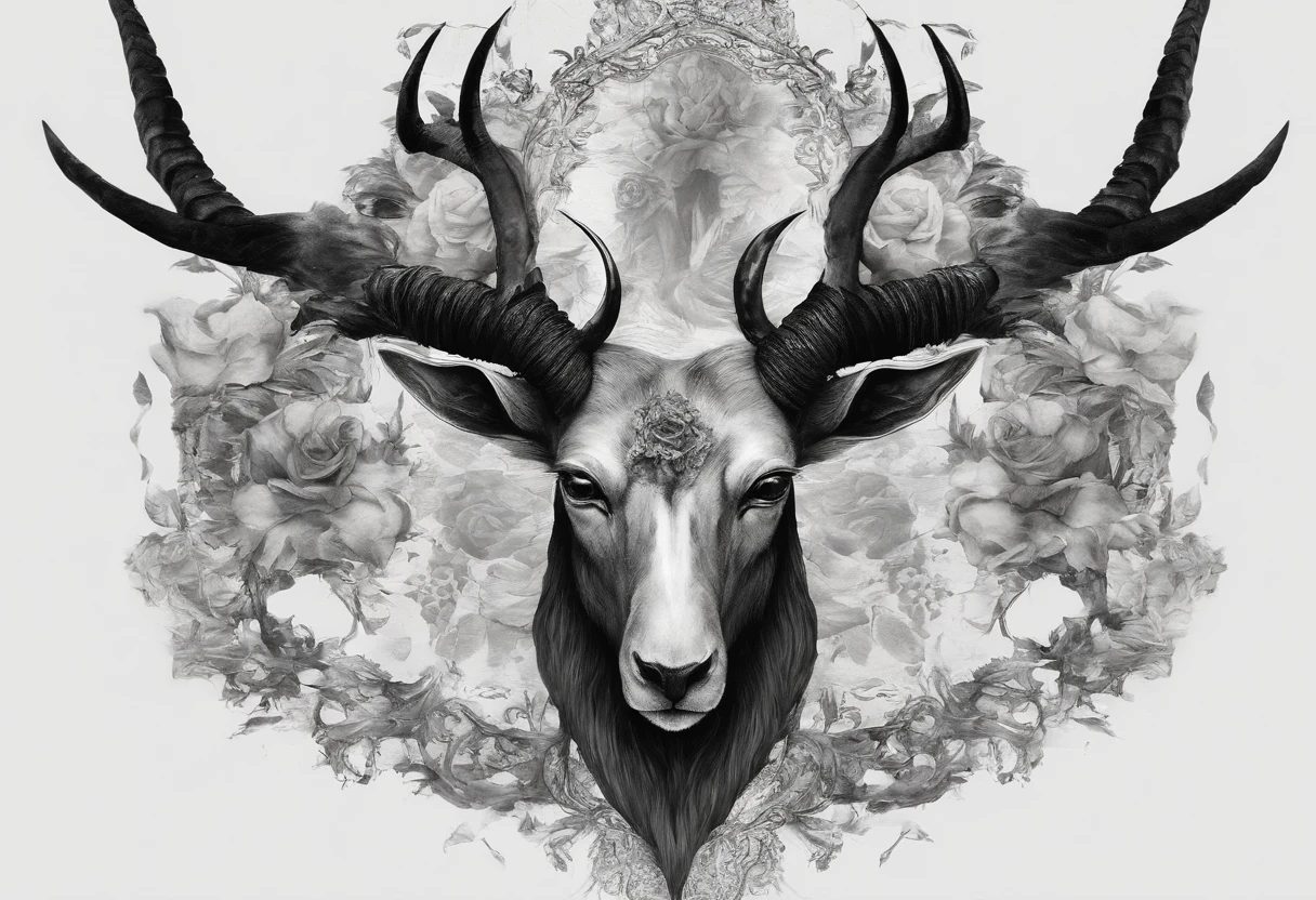 The head of the antelope with luxurious and striking horns, add floral details around it, bring a sense of horror and eerie feeling to the picture,(black and white image)