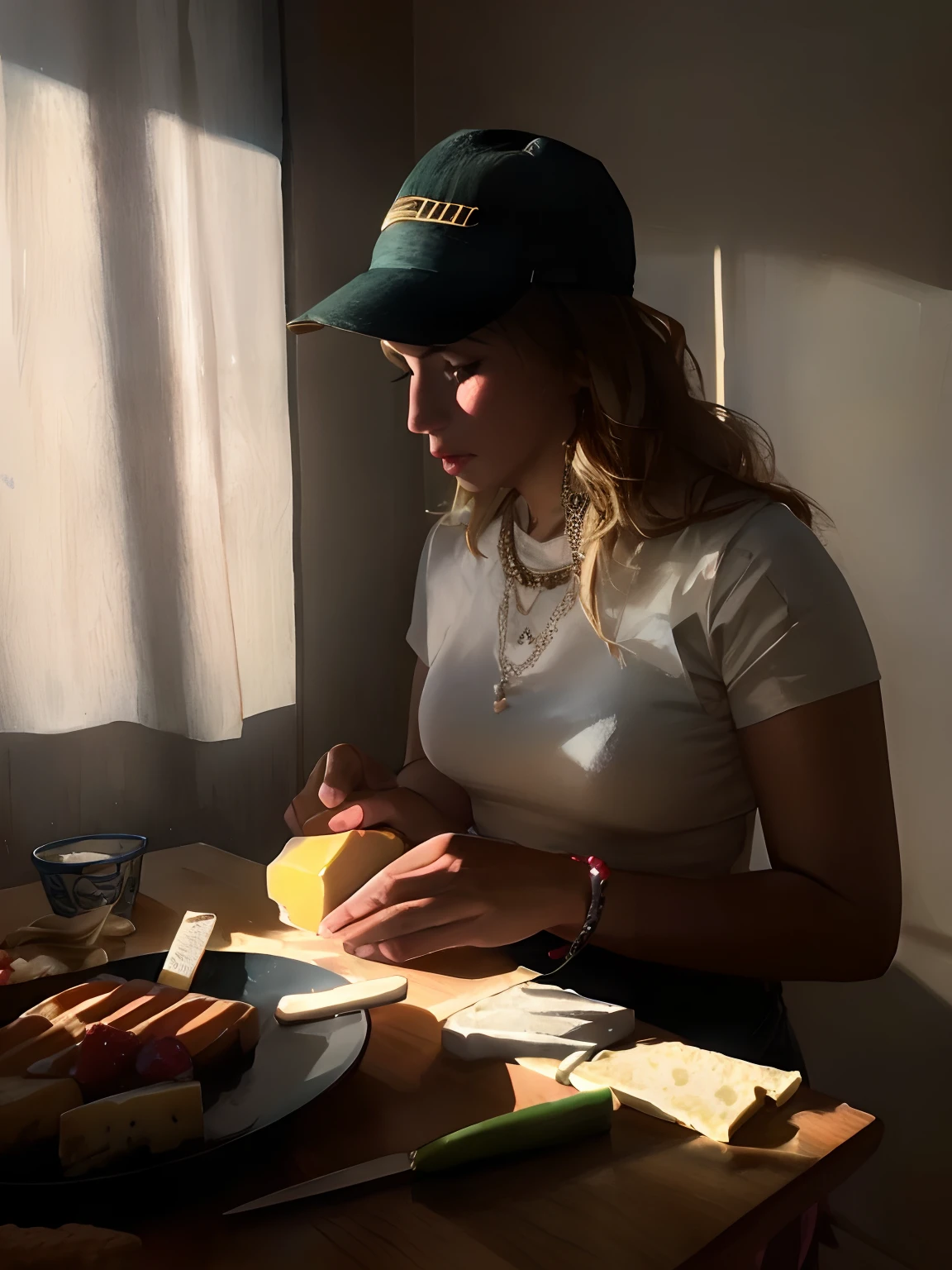 there is a woman sitting at a table with a plate of food, mid morning lighting, afternoon lighting, at a dinner table, nice afternoon lighting, afternoon sunlight, profile pic, eating cheese, soft light from the side, morning golden hour, sun behind her, high light on the left, late afternoon lighting, by Emma Andijewska