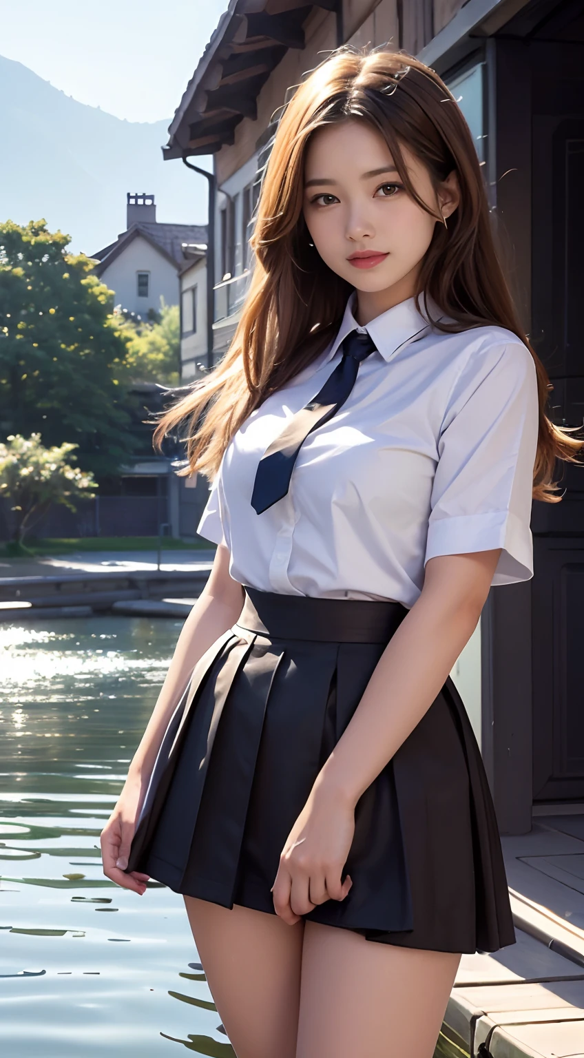High Top Quality, Masterpiece, High Definition, 16k image, beautiful high school girl, medium bobbed hair, beautiful light brown hair, beautiful light brown eyes, (plump big tits), high school uniform, nipped in waist, short sleeved white blouse, pleated skirt , school girls stand on a riverbank’s pier, captivated by the mesmerizing reflections of the evening sun on the water’s surface. Their uniform skirts sway lightly in the breeze, and their smiles mirror on the rippling water. In the distance, lush green hills stretch, and on the opposite bank, the charming lights of a town twinkle. Capture this tranquil waterside landscape as a moment of their joy.,