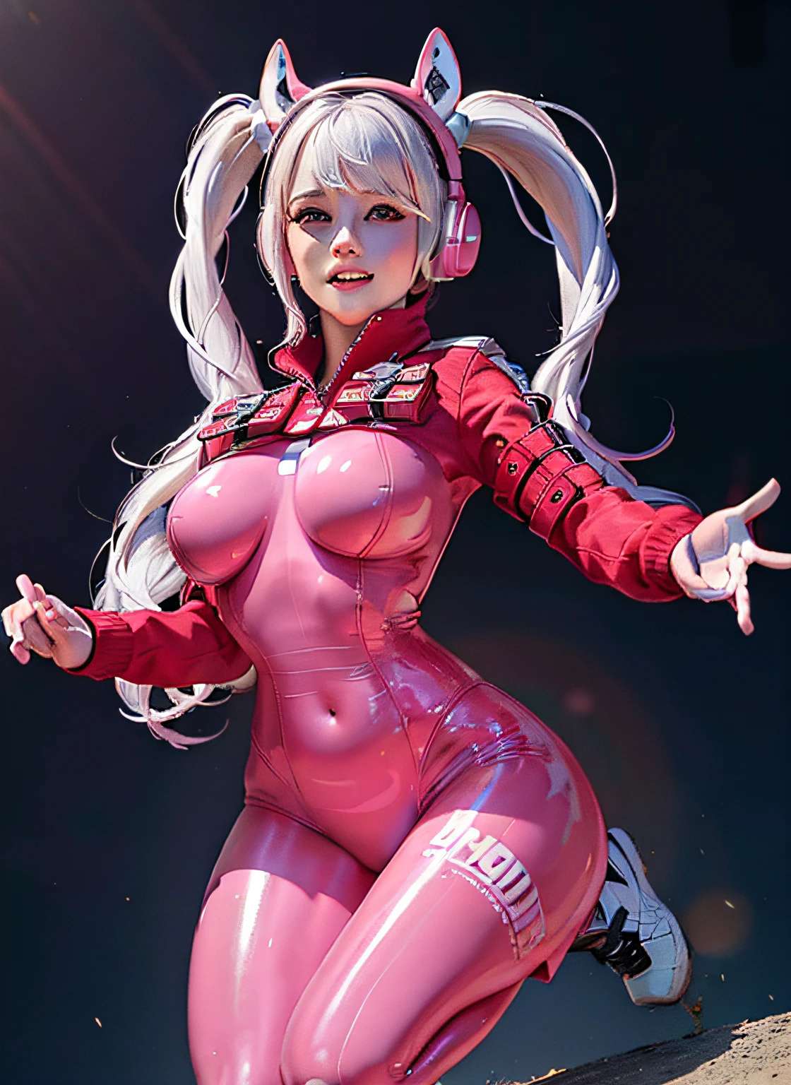 (photorealistic:1.4),best quality, ultra high res,
4k, instagram,
higly detailed,
alice \(nikke\),pink bodysuit,animal ears, fake animal ears, gloves, headphones, headset,
jacket,pink latex bodysuit, pink eyes,twintails, white gloves, white hair,
VirtualGirl-Aim, medium breasts, long hair, crystal pendant, smile,
full body shot,