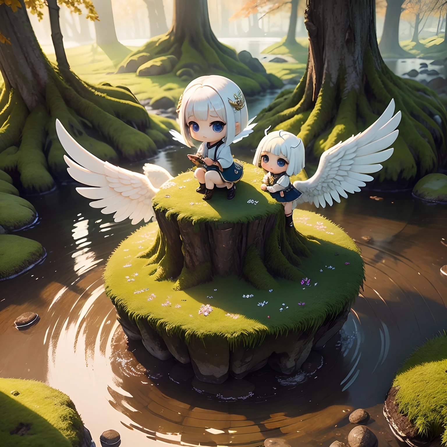 masterpiece、top-quality、ultra-detailliert、(Chibi Angel:1.2)、White Bob Hairstyles、Fairytale autumn lake、Sit on moss rocks、The rainbow shines、Morning sunshine、