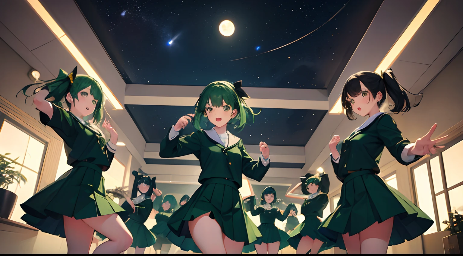 five girls doing choreograhy together at school at night, green uniform, black shoes, green hair ribbon, night sky, stars, moon, very detailed