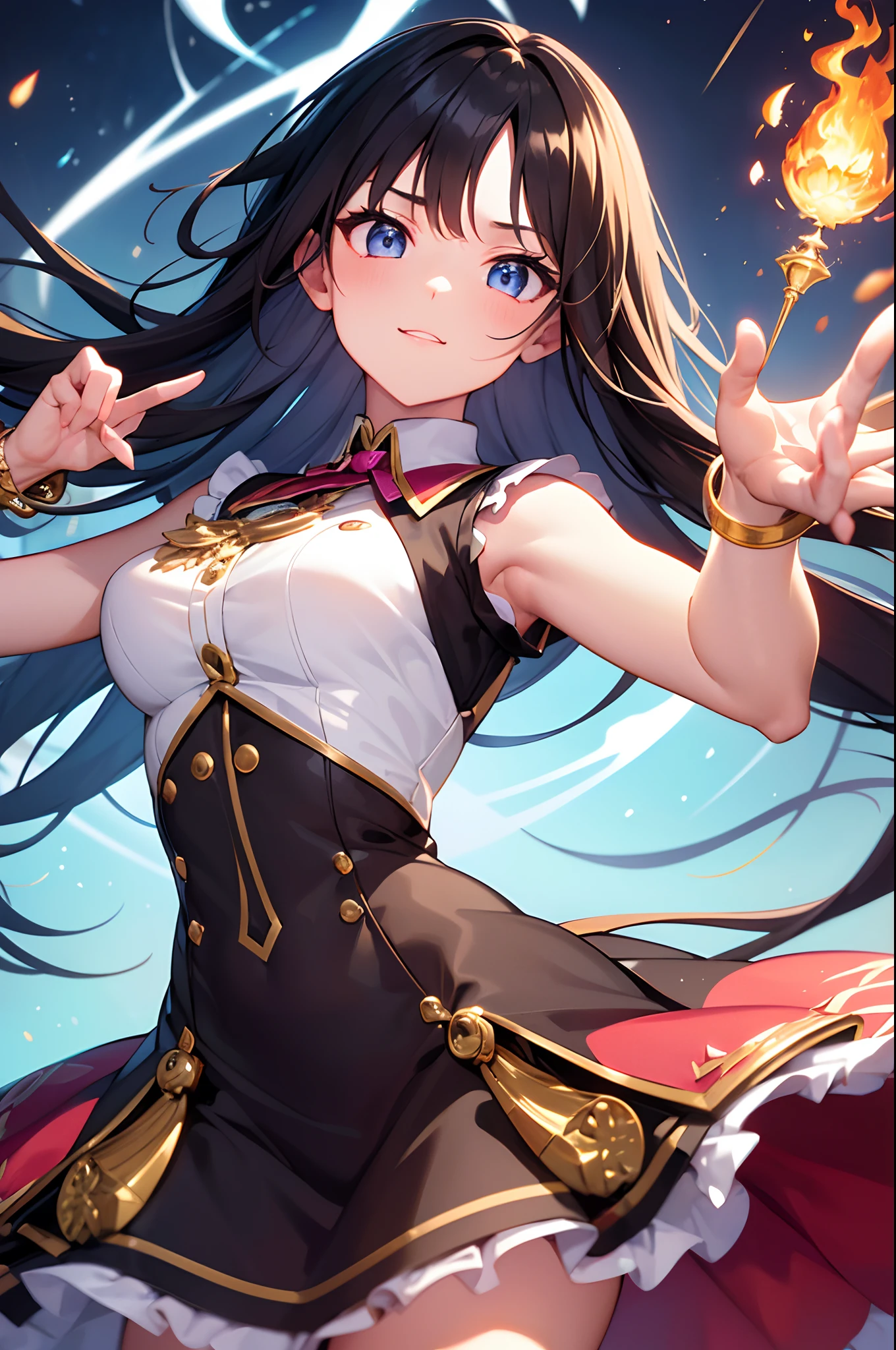 (masterpiece, highly detailed) matur magician girl, fire water lightning magic, 3 parts gold bracelet, long black floting hair with pink orange blue stripes, beautiful face, high detailed eyes, magician uniforme, dynamic pose, looking at audience, phography, blurry background