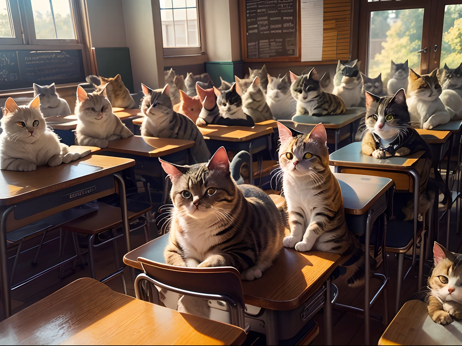 Round-eyed cats sit in chairs for lessons, Classroom,Several rows of tables, , Face the blackboard, Sunlight outside the window