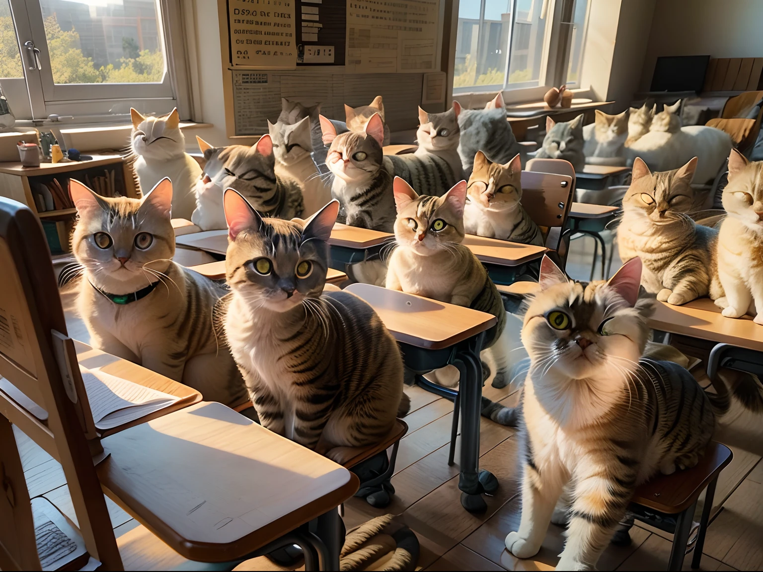 Round-eyed cats sit in chairs for lessons, Classroom,Several rows of tables, , Face the blackboard, Sunlight outside the window