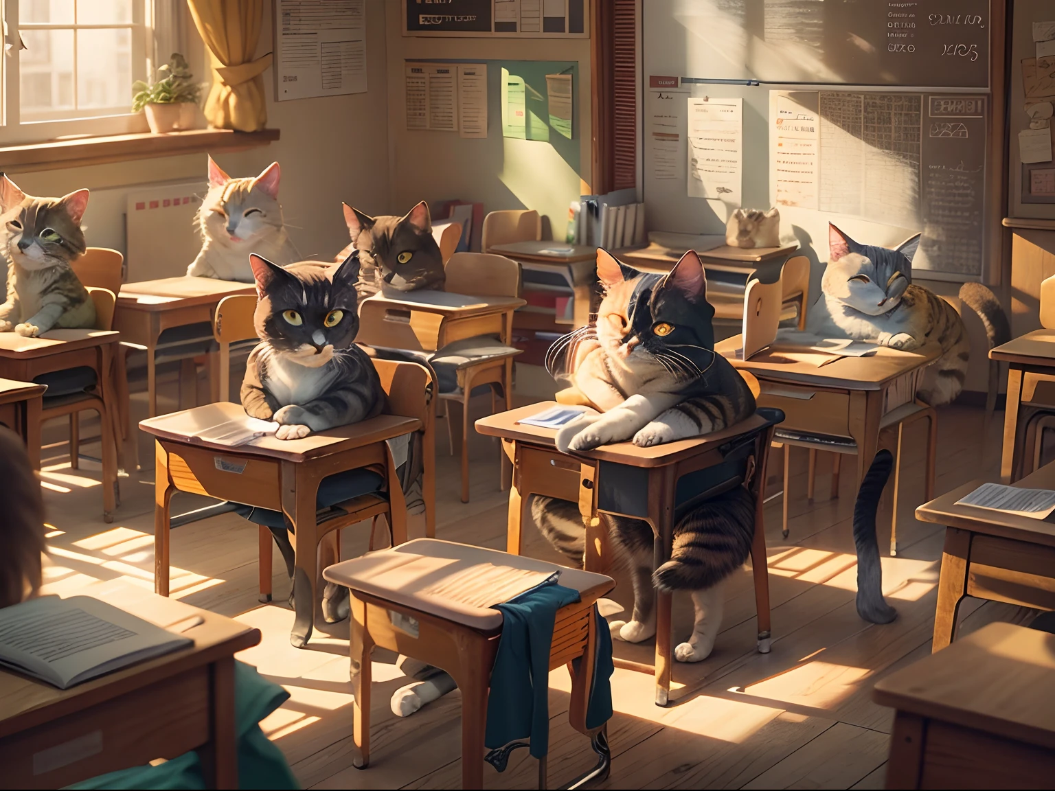 Round-eyed cats sit in chairs for lessons, Classroom,Several rows of tables, , Face the blackboard, Sunlight outside the window